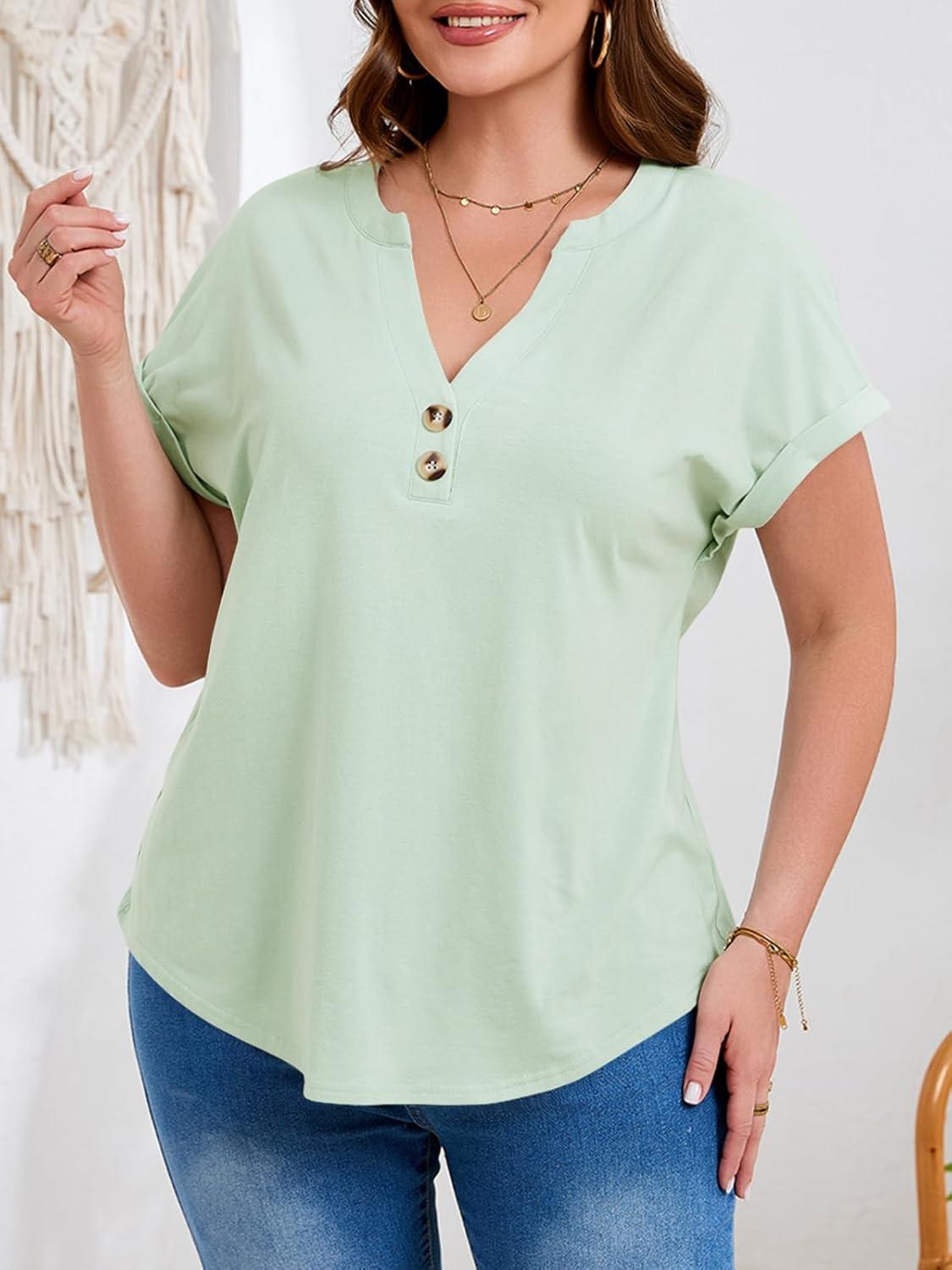 image:imageBeautife Womens Plus Size Short Sleeve Henley Tops Summer Button V Neck Blouses 2026 Dressy Casual Loose T ShirtsLight Green