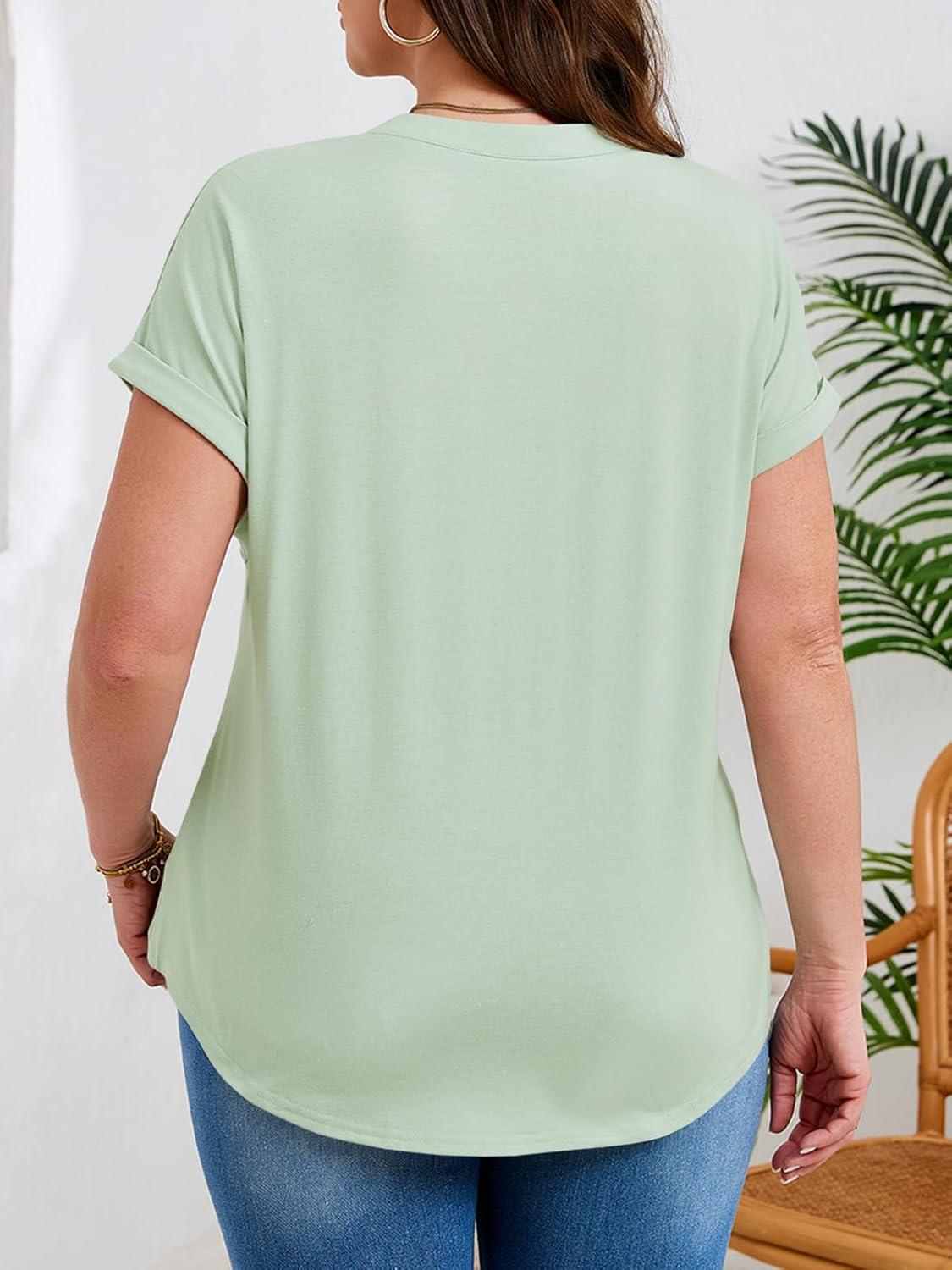 image:imageBeautife Womens Plus Size Short Sleeve Henley Tops Summer Button V Neck Blouses 2026 Dressy Casual Loose T ShirtsLight Green