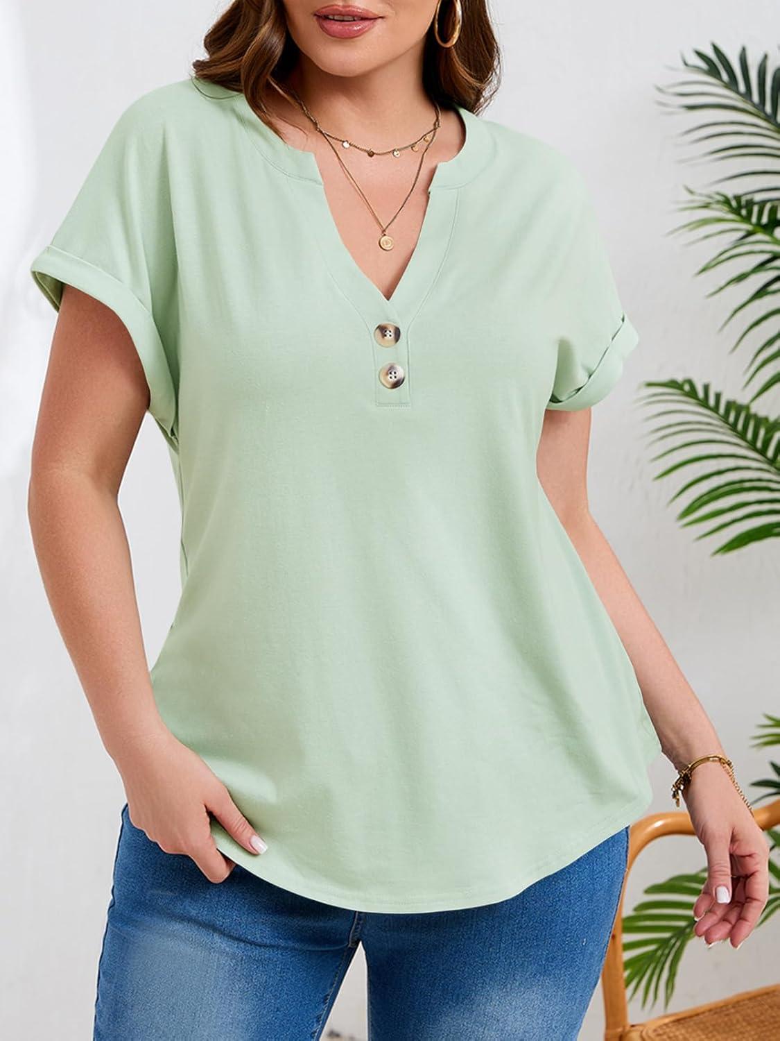 image:imageBeautife Womens Plus Size Short Sleeve Henley Tops Summer Button V Neck Blouses 2026 Dressy Casual Loose T ShirtsLight Green