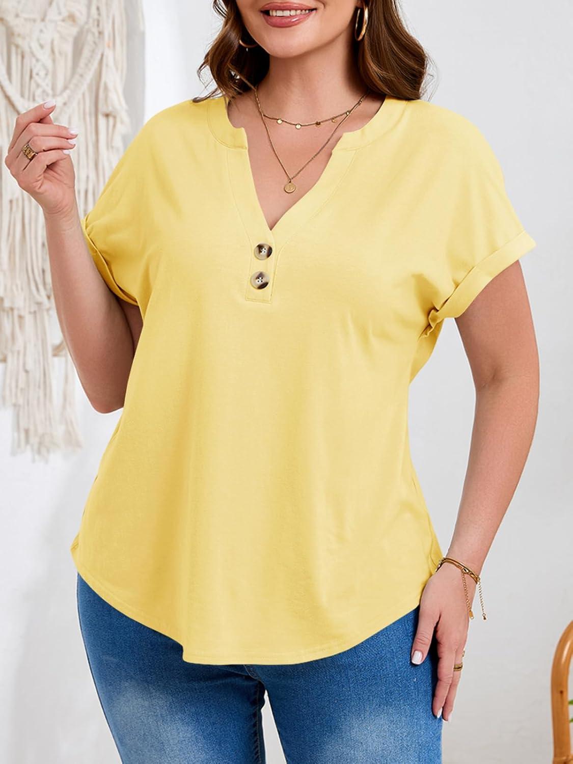 image:imageBeautife Womens Plus Size Short Sleeve Henley Tops Summer Button V Neck Blouses 2026 Dressy Casual Loose T ShirtsLight Yellow