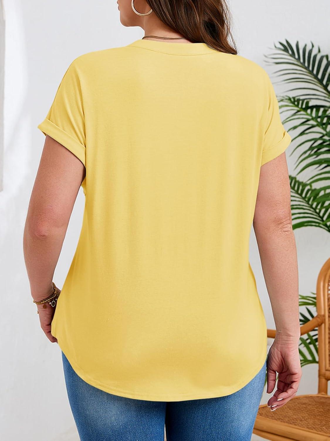 image:imageBeautife Womens Plus Size Short Sleeve Henley Tops Summer Button V Neck Blouses 2026 Dressy Casual Loose T ShirtsLight Yellow
