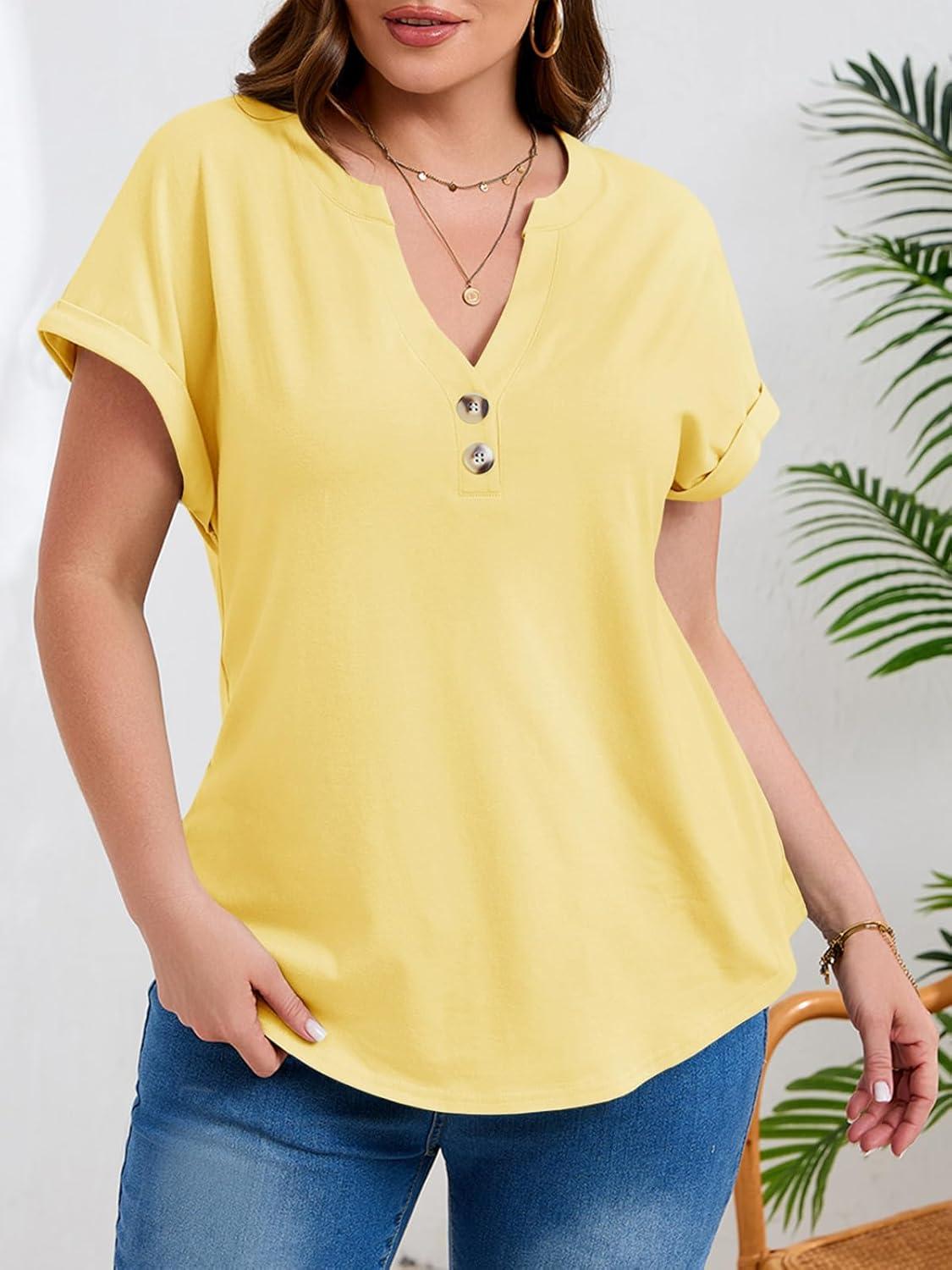 image:imageBeautife Womens Plus Size Short Sleeve Henley Tops Summer Button V Neck Blouses 2026 Dressy Casual Loose T ShirtsLight Yellow