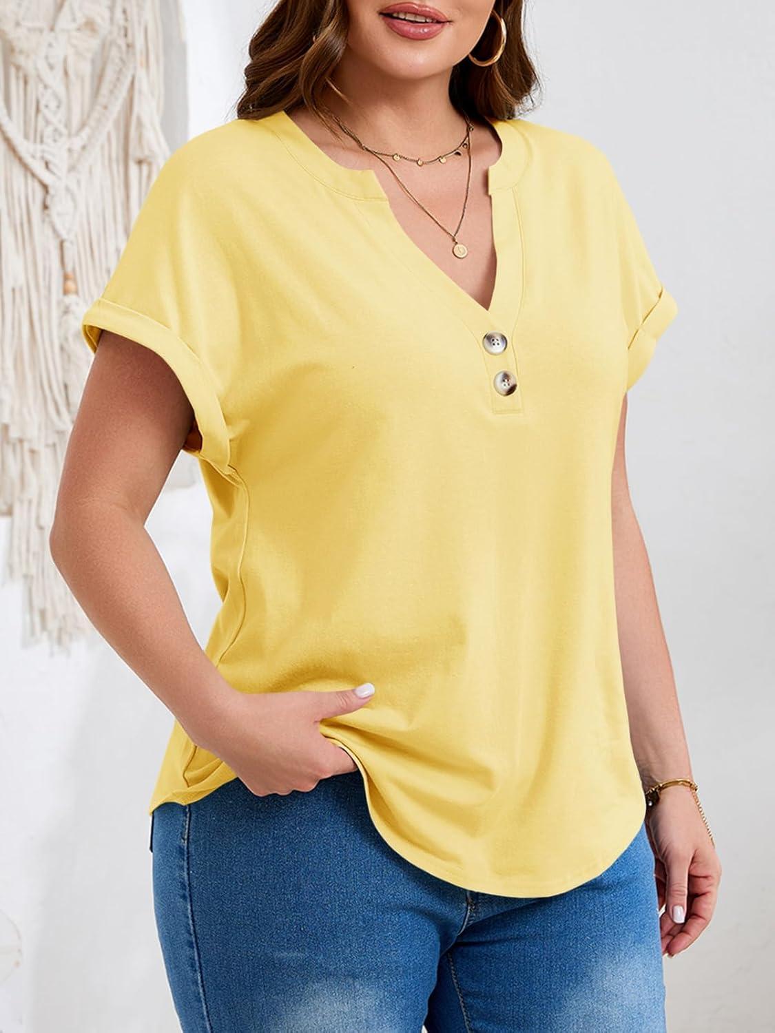 image:imageBeautife Womens Plus Size Short Sleeve Henley Tops Summer Button V Neck Blouses 2026 Dressy Casual Loose T ShirtsLight Yellow