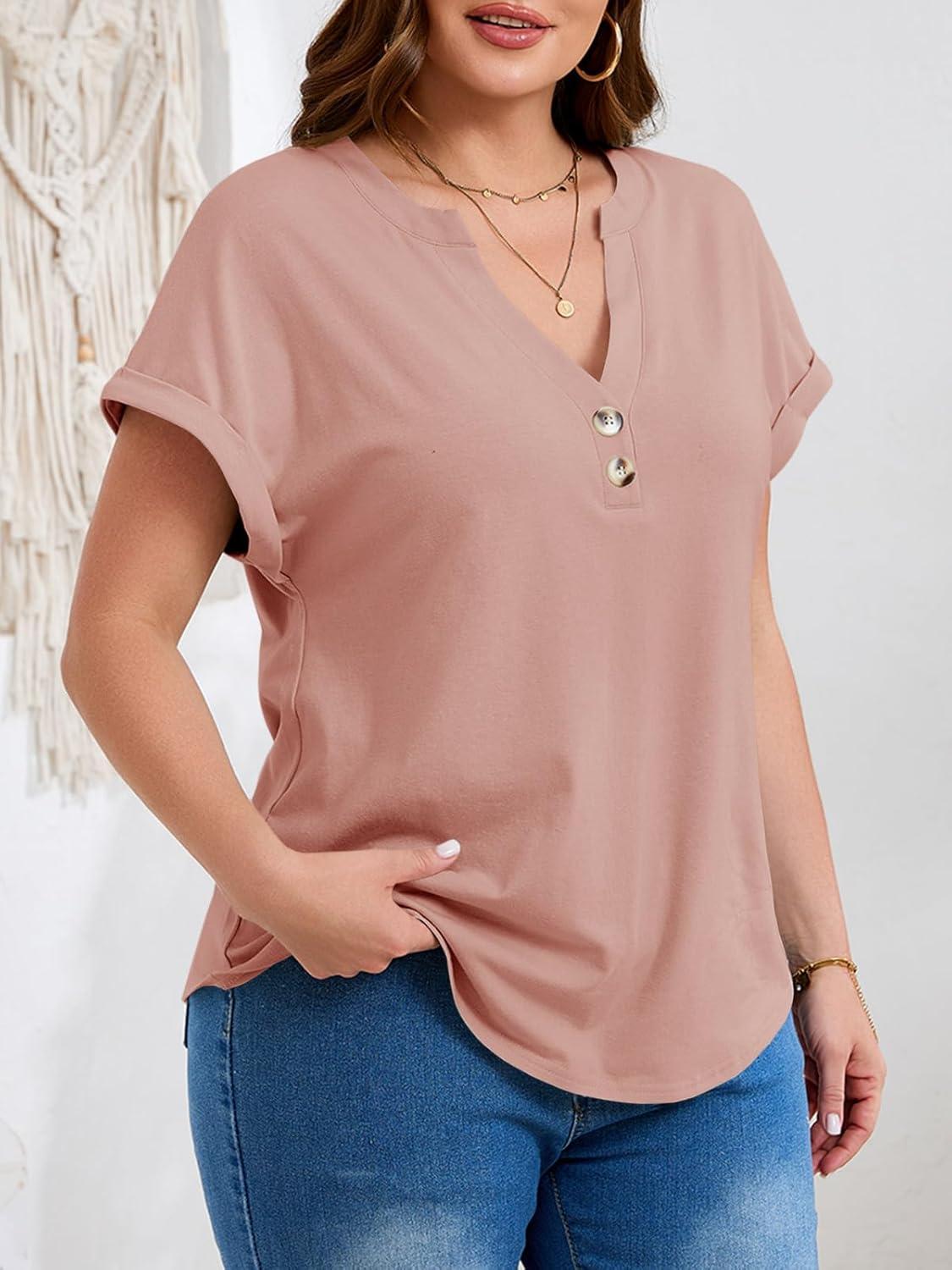 image:imageBeautife Womens Plus Size Short Sleeve Henley Tops Summer Button V Neck Blouses 2026 Dressy Casual Loose T ShirtsRose Pink