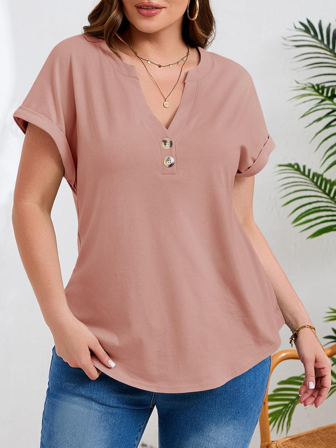 image:imageBeautife Womens Plus Size Short Sleeve Henley Tops Summer Button V Neck Blouses 2026 Dressy Casual Loose T ShirtsRose Pink