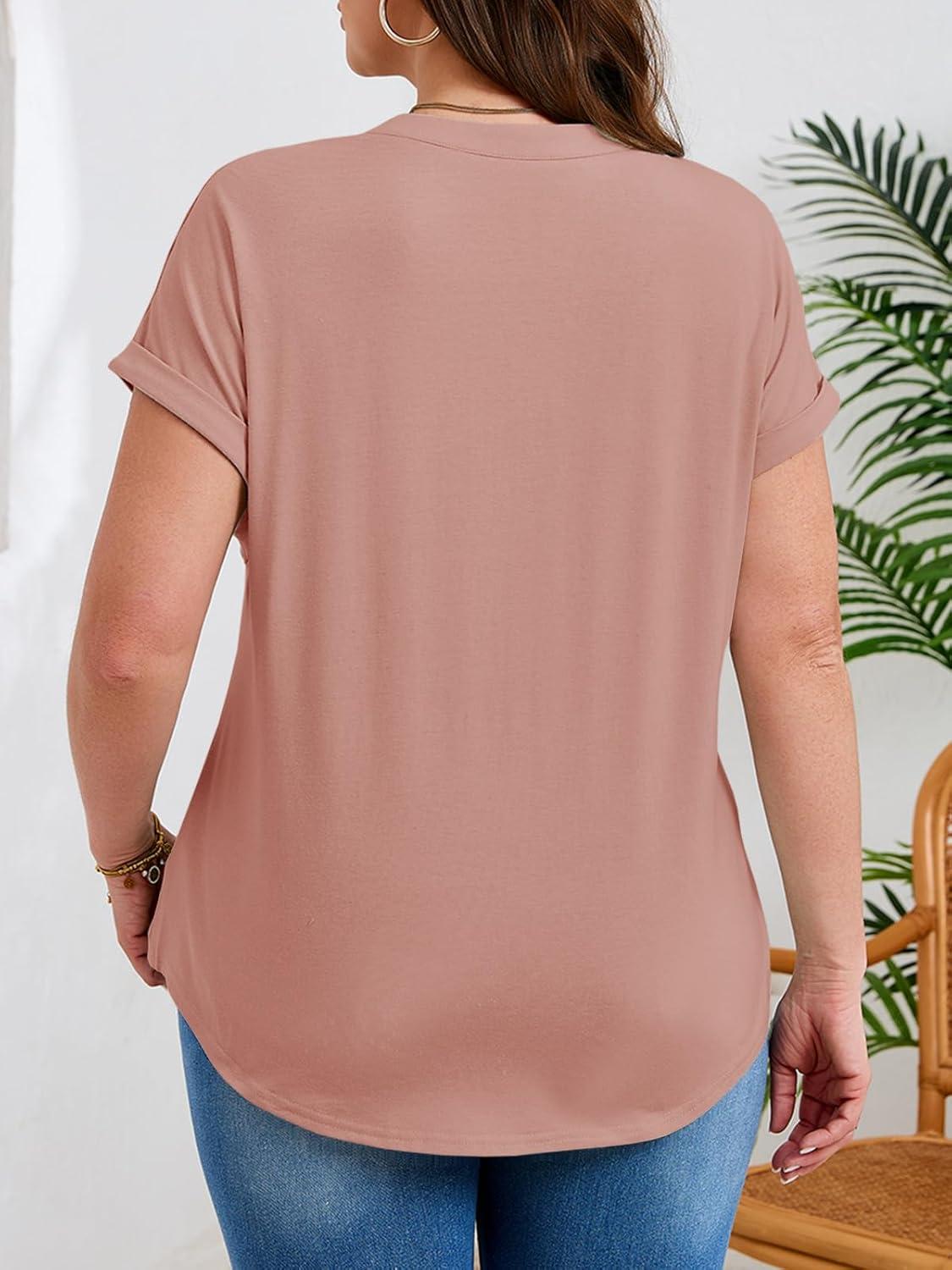 image:imageBeautife Womens Plus Size Short Sleeve Henley Tops Summer Button V Neck Blouses 2026 Dressy Casual Loose T ShirtsRose Pink
