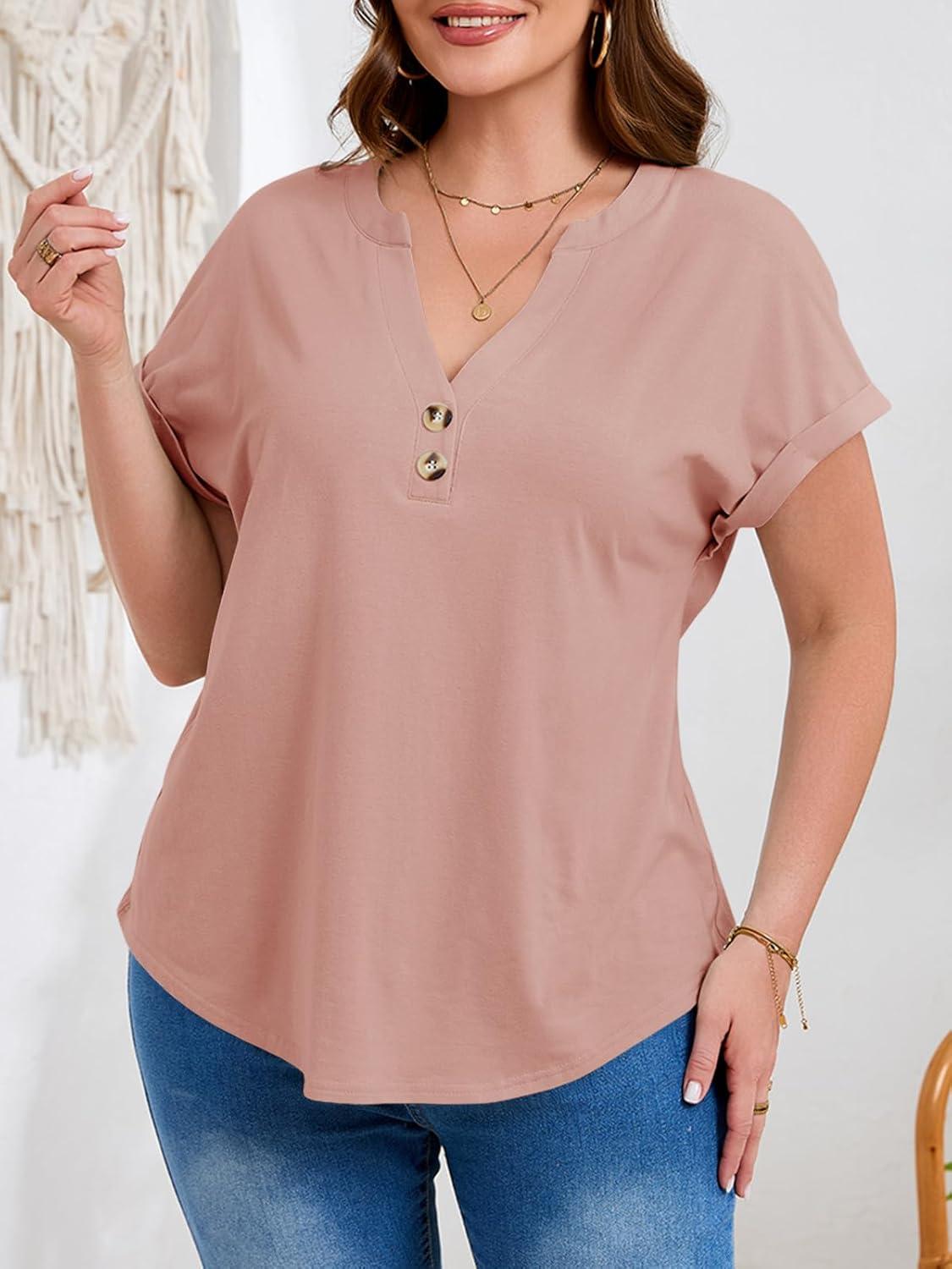 image:imageBeautife Womens Plus Size Short Sleeve Henley Tops Summer Button V Neck Blouses 2026 Dressy Casual Loose T ShirtsRose Pink
