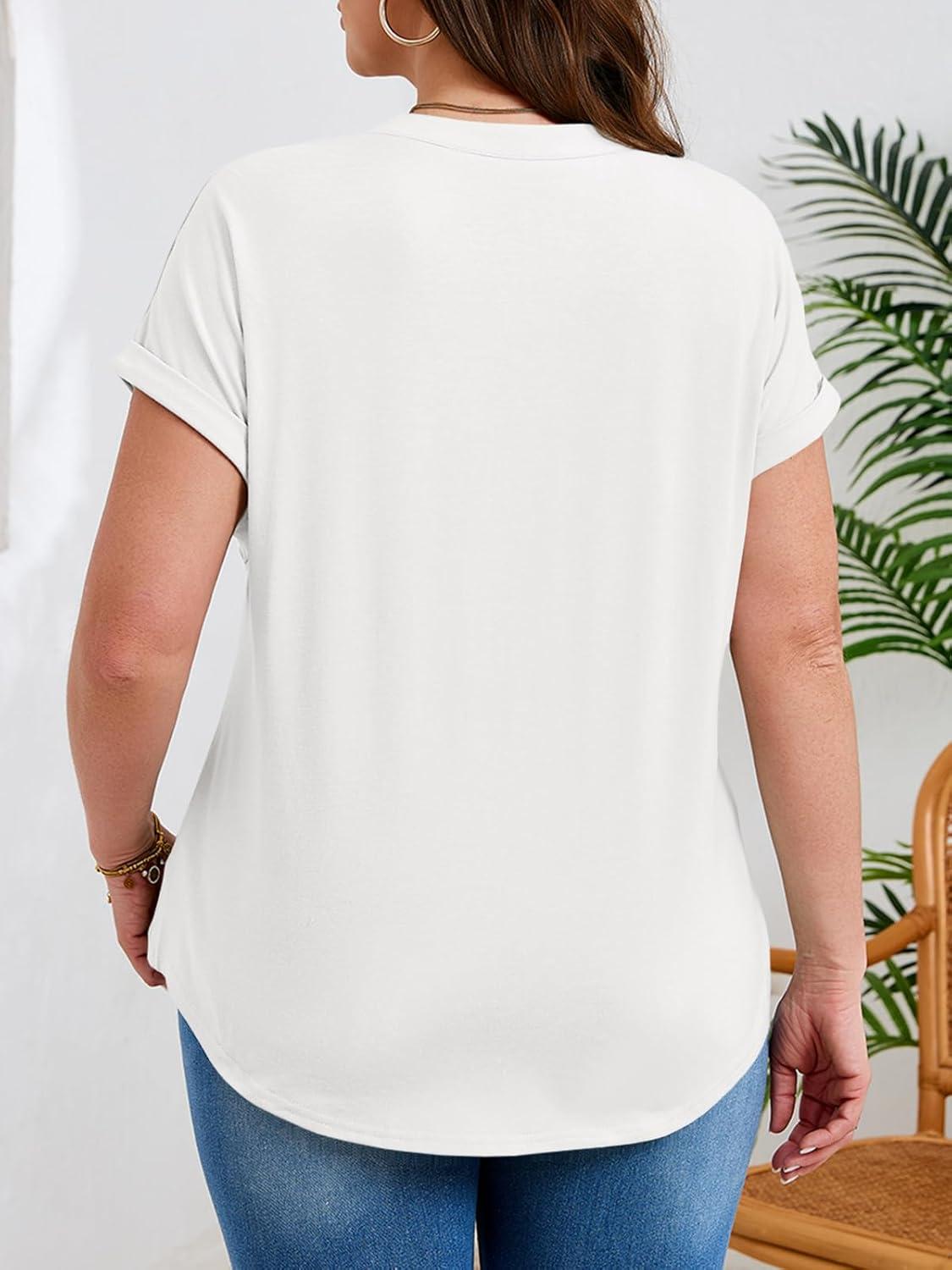 image:imageBeautife Womens Plus Size Short Sleeve Henley Tops Summer Button V Neck Blouses 2026 Dressy Casual Loose T ShirtsWhite
