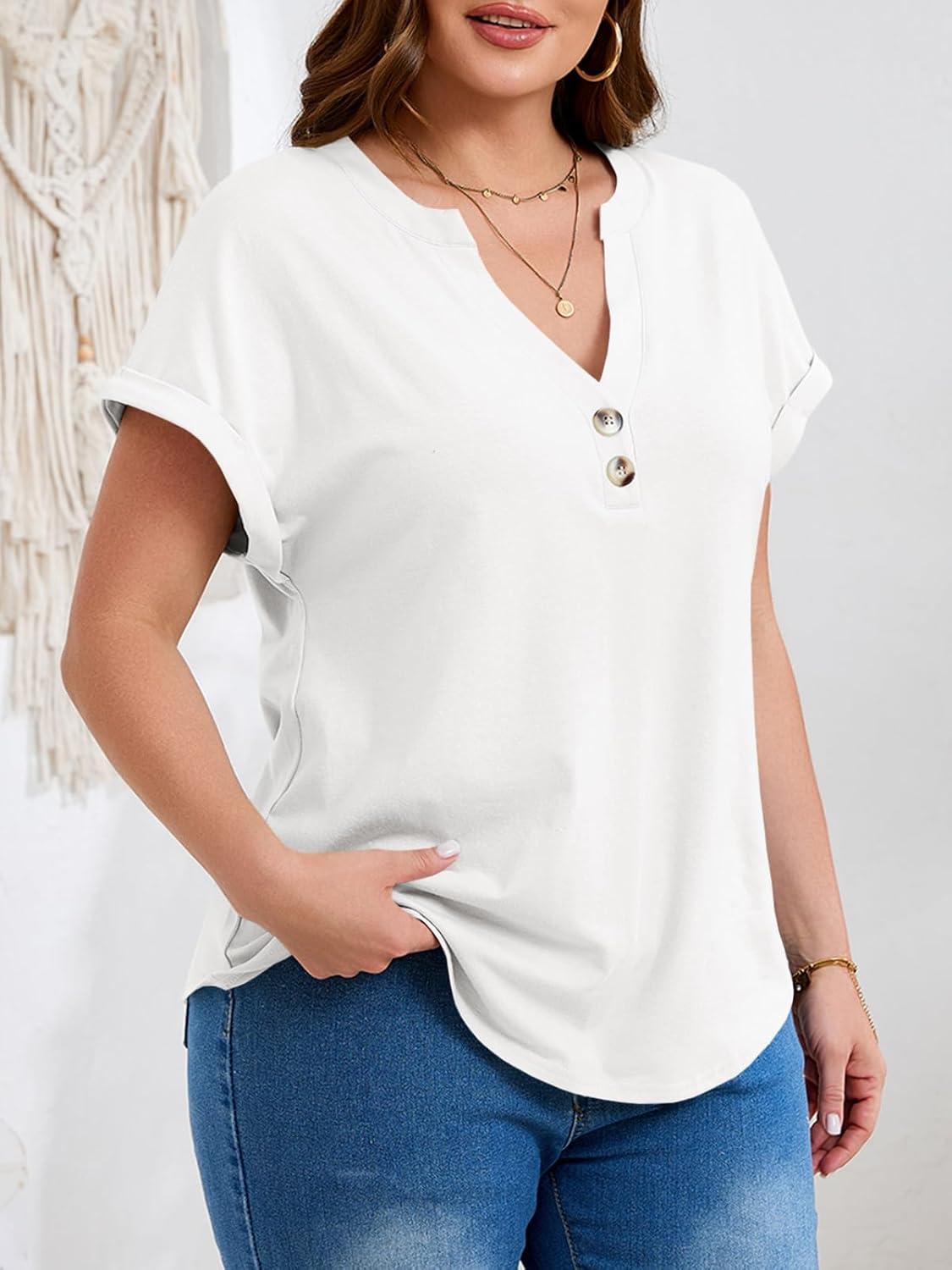 image:imageBeautife Womens Plus Size Short Sleeve Henley Tops Summer Button V Neck Blouses 2026 Dressy Casual Loose T ShirtsWhite