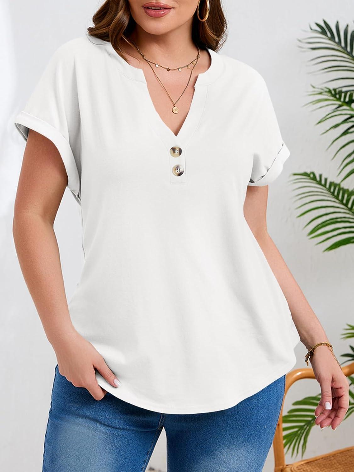 image:imageBeautife Womens Plus Size Short Sleeve Henley Tops Summer Button V Neck Blouses 2026 Dressy Casual Loose T ShirtsWhite