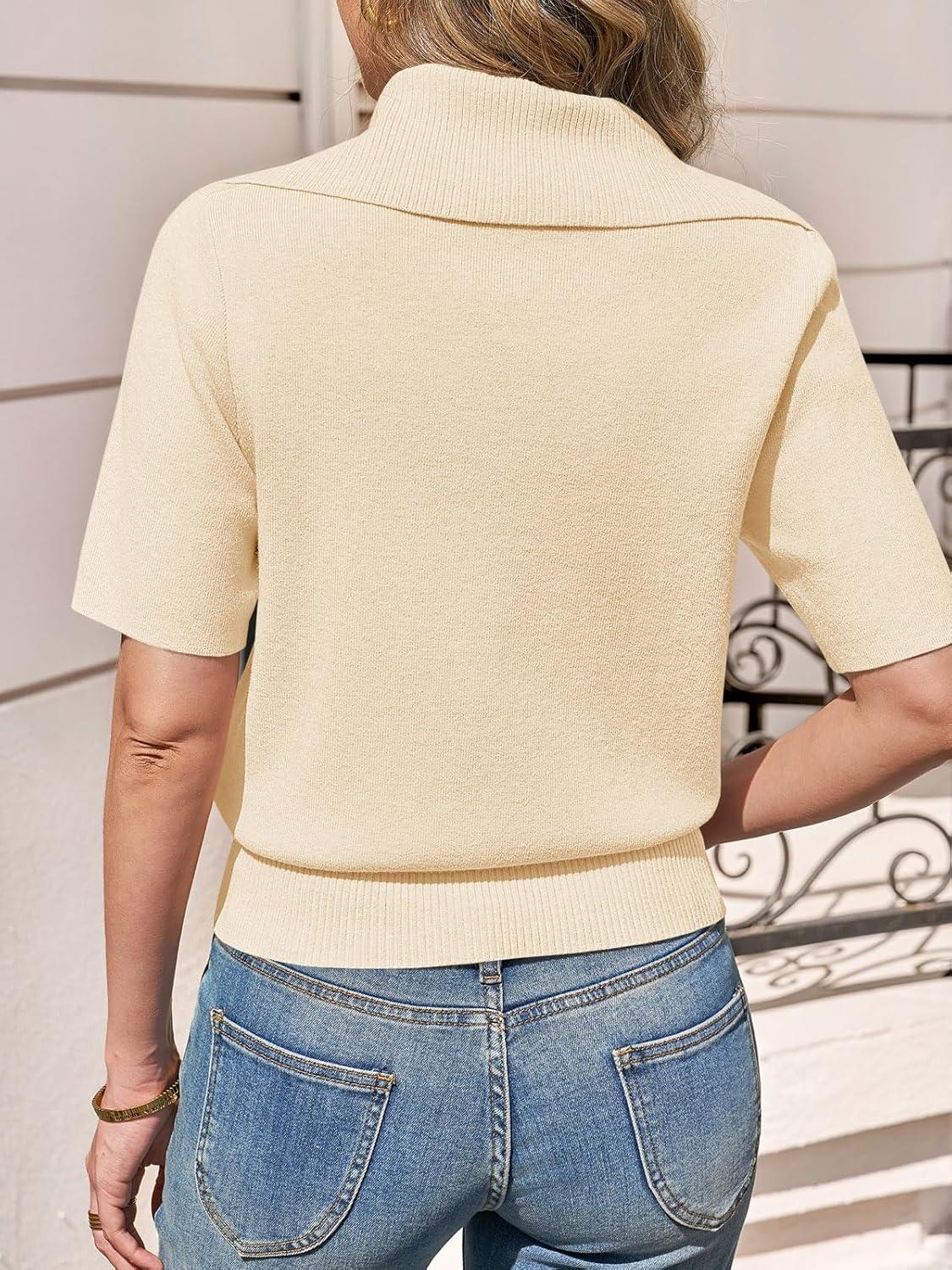 image:imageSaodimallsu Womens Polo Sweater Top Summer Short Sleeve Button V Neck Collared Trendy Loose Knit Ribbed Hem TopsApricot