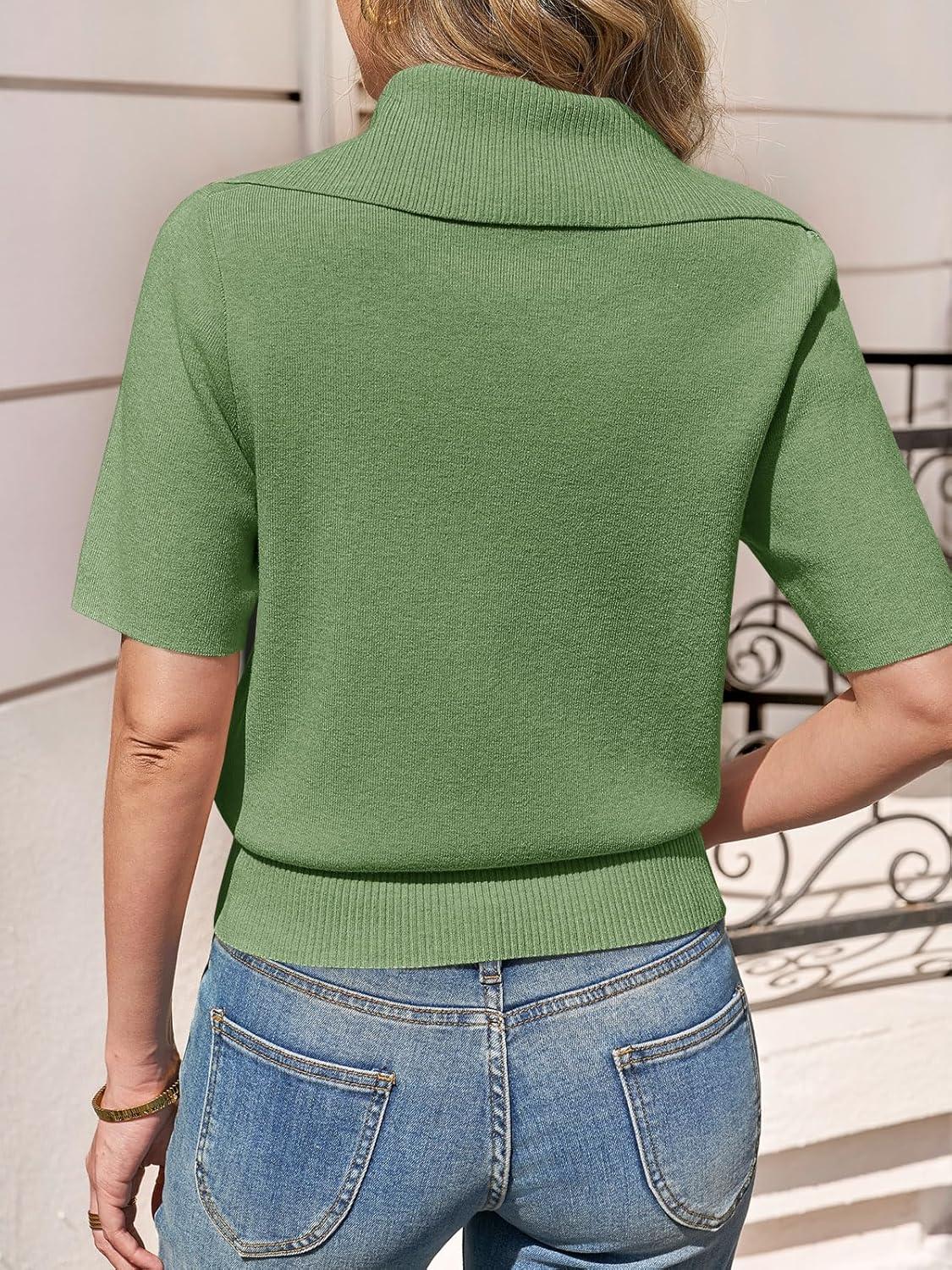 image:imageSaodimallsu Womens Polo Sweater Top Summer Short Sleeve Button V Neck Collared Trendy Loose Knit Ribbed Hem TopsArmy Green