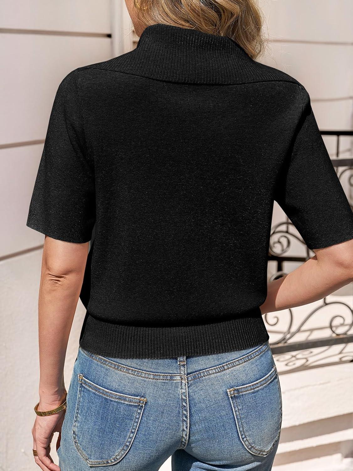 image:imageSaodimallsu Womens Polo Sweater Top Summer Short Sleeve Button V Neck Collared Trendy Loose Knit Ribbed Hem TopsBlack