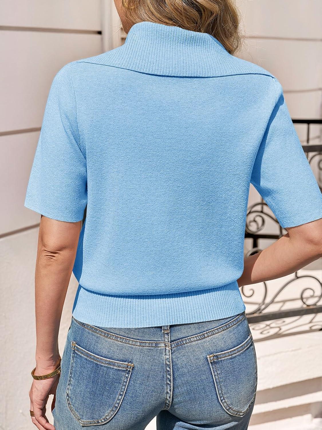 image:imageSaodimallsu Womens Polo Sweater Top Summer Short Sleeve Button V Neck Collared Trendy Loose Knit Ribbed Hem TopsBlue