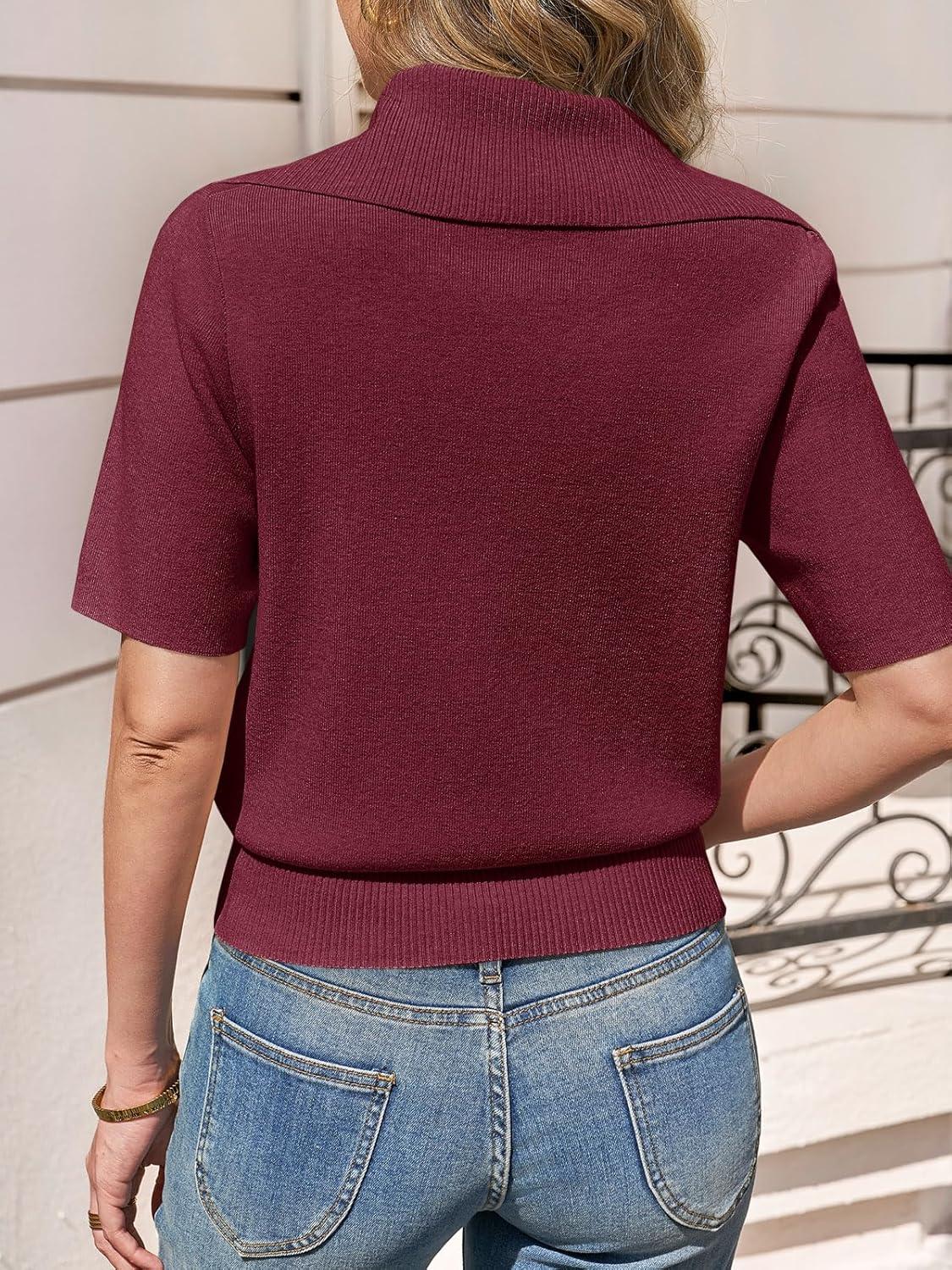 image:imageSaodimallsu Womens Polo Sweater Top Summer Short Sleeve Button V Neck Collared Trendy Loose Knit Ribbed Hem TopsBurgundy