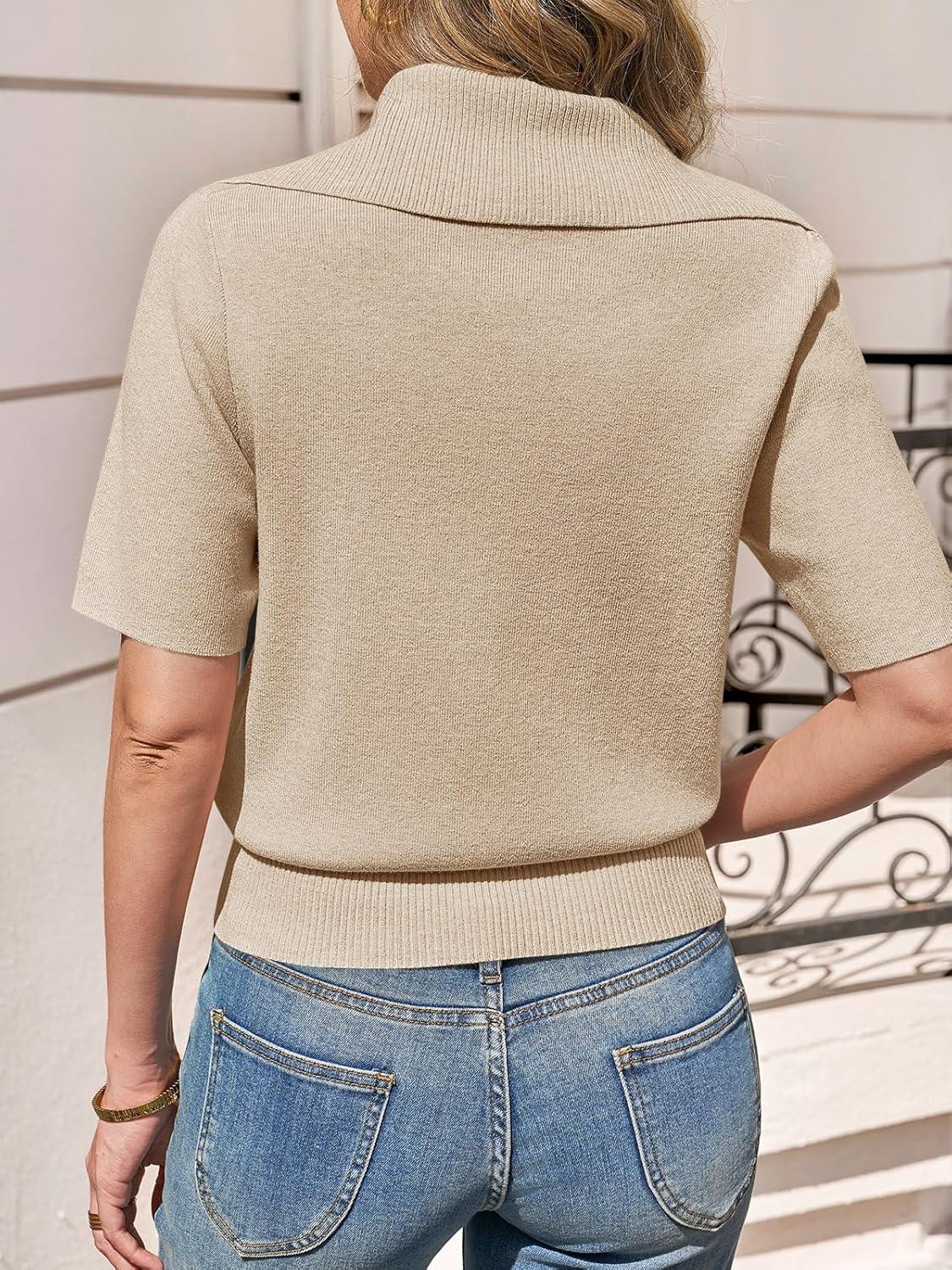 image:imageSaodimallsu Womens Polo Sweater Top Summer Short Sleeve Button V Neck Collared Trendy Loose Knit Ribbed Hem TopsKhaki