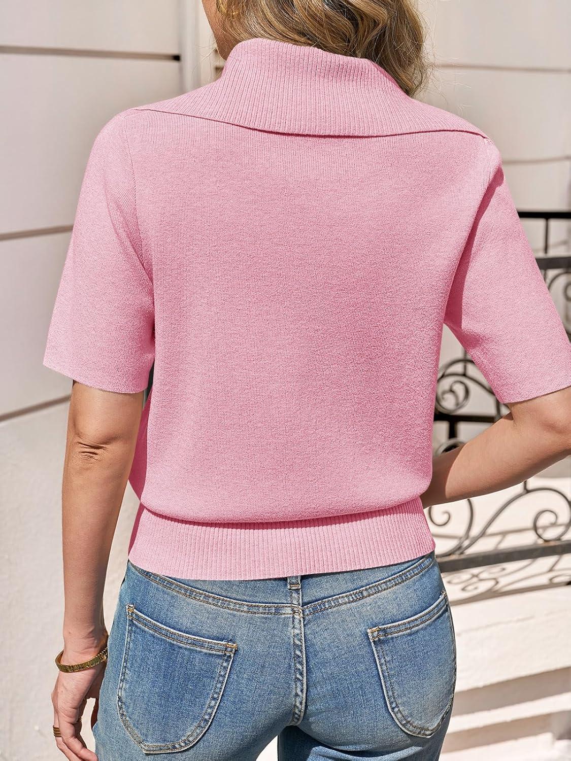 image:imageSaodimallsu Womens Polo Sweater Top Summer Short Sleeve Button V Neck Collared Trendy Loose Knit Ribbed Hem TopsPink
