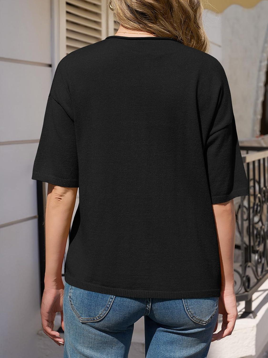 image:imageSaodimallsu Womens Short Sleeve Button Down Cardigans Lightweight Spring Summer Casual Knit Crew Neck Sweater TopsBlack
