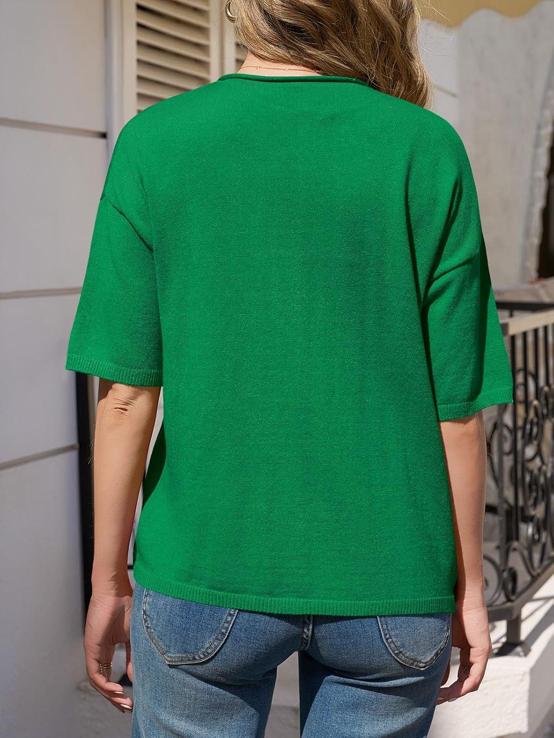 image:imageSaodimallsu Womens Short Sleeve Button Down Cardigans Lightweight Spring Summer Casual Knit Crew Neck Sweater TopsGreen