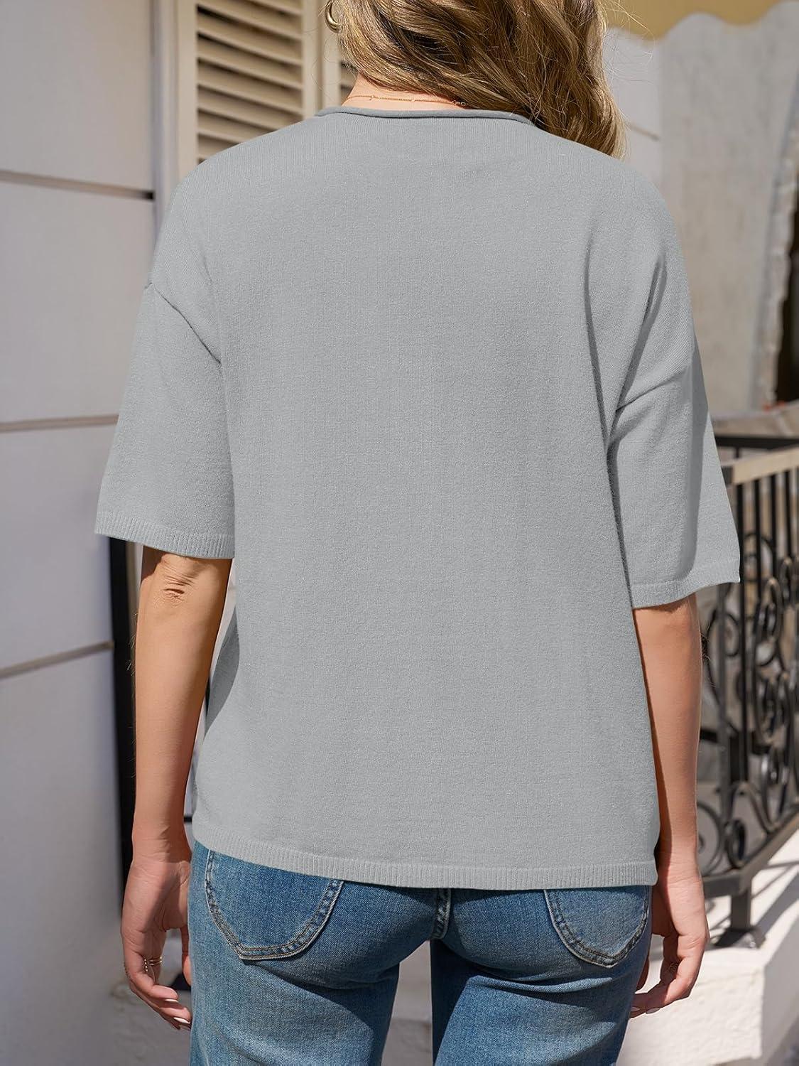 image:imageSaodimallsu Womens Short Sleeve Button Down Cardigans Lightweight Spring Summer Casual Knit Crew Neck Sweater TopsGrey