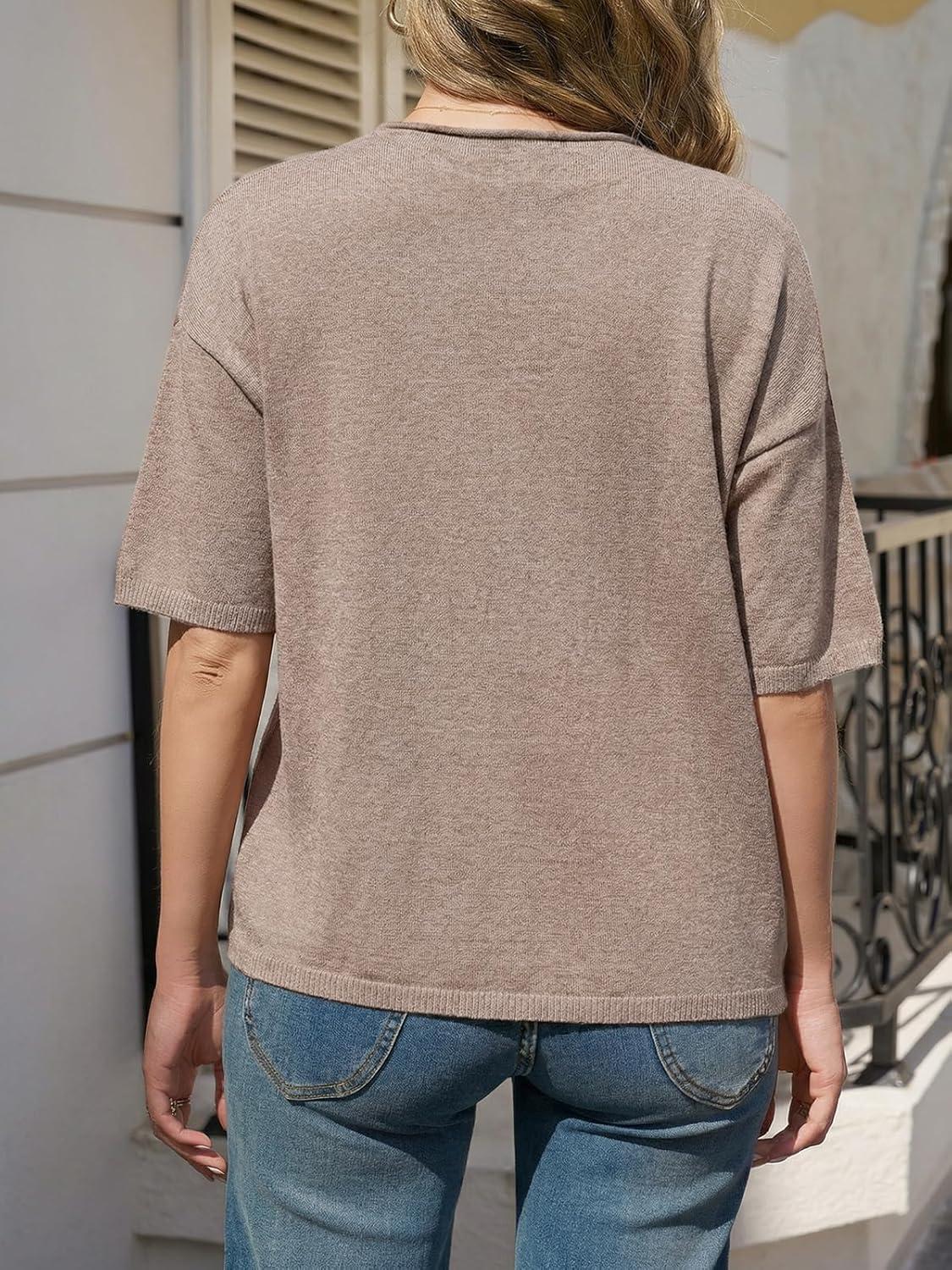 image:imageSaodimallsu Womens Short Sleeve Button Down Cardigans Lightweight Spring Summer Casual Knit Crew Neck Sweater TopsKhaki