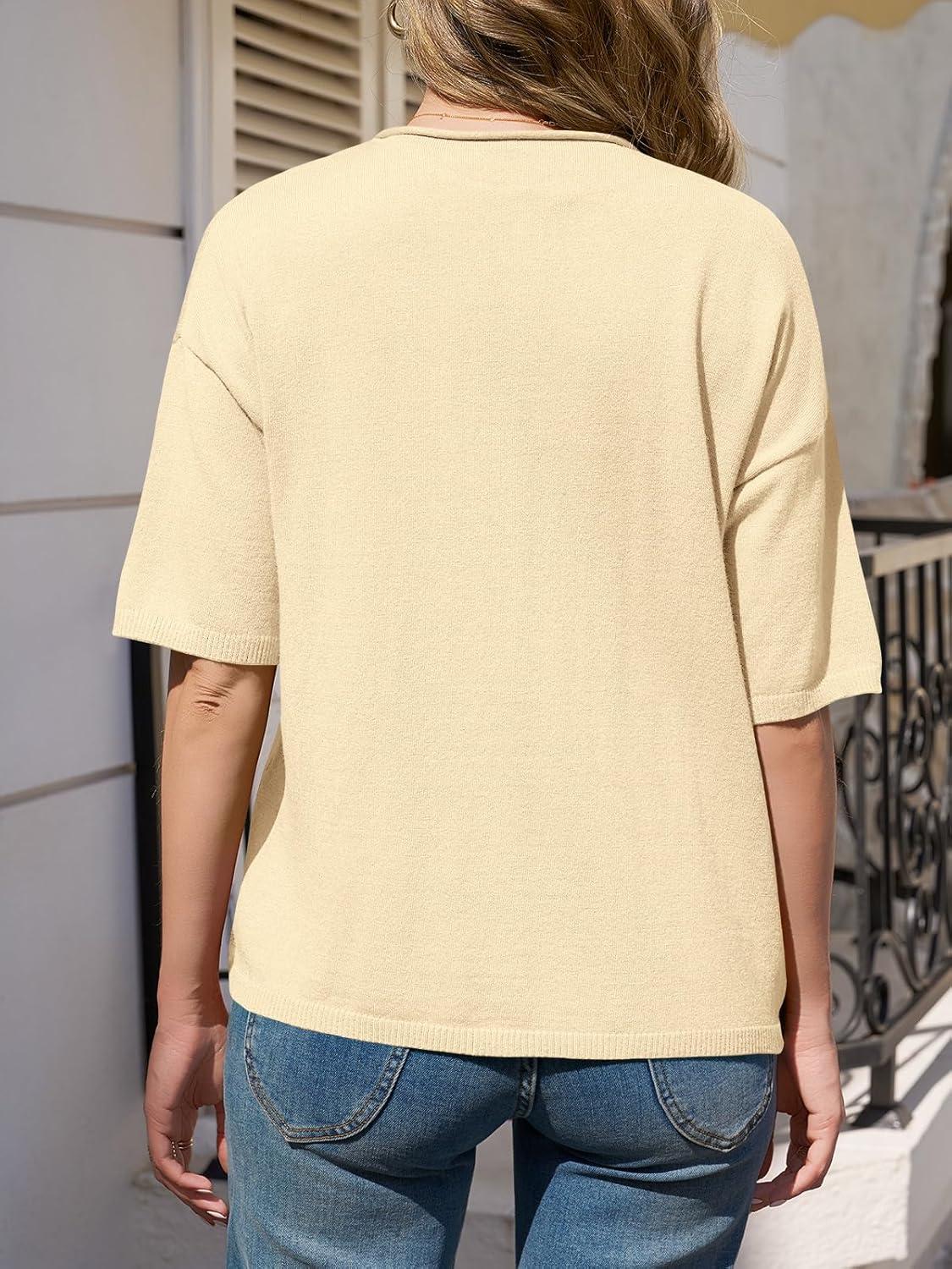 image:imageSaodimallsu Womens Short Sleeve Button Down Cardigans Lightweight Spring Summer Casual Knit Crew Neck Sweater TopsLight Yellow