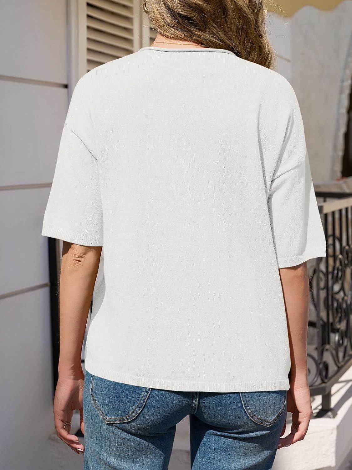 image:imageSaodimallsu Womens Short Sleeve Button Down Cardigans Lightweight Spring Summer Casual Knit Crew Neck Sweater TopsWhite