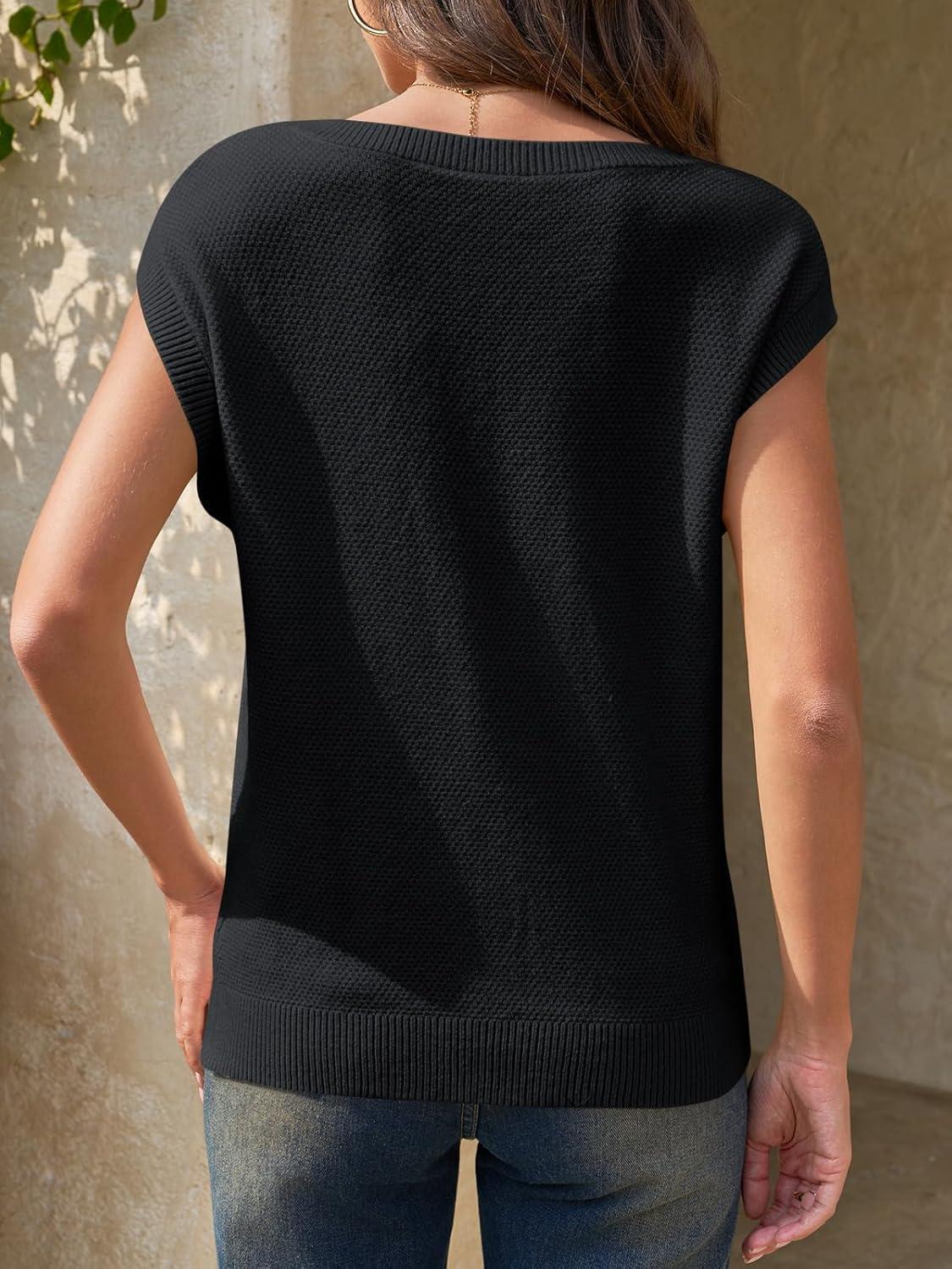 image:imageSaodimallsu Womens Short Sleeve Sweater Tops Summer Crewneck Lightweight Knit Casual Loose Sleeveless Sweater VestBlack