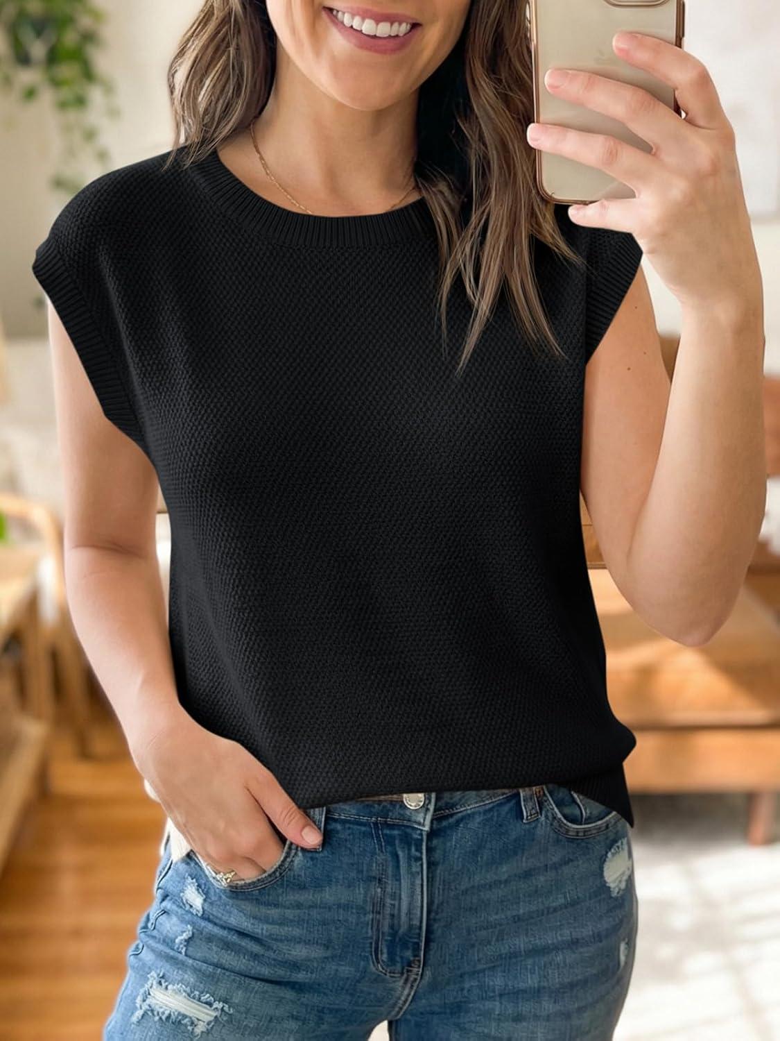 image:imageSaodimallsu Womens Short Sleeve Sweater Tops Summer Crewneck Lightweight Knit Casual Loose Sleeveless Sweater VestBlack
