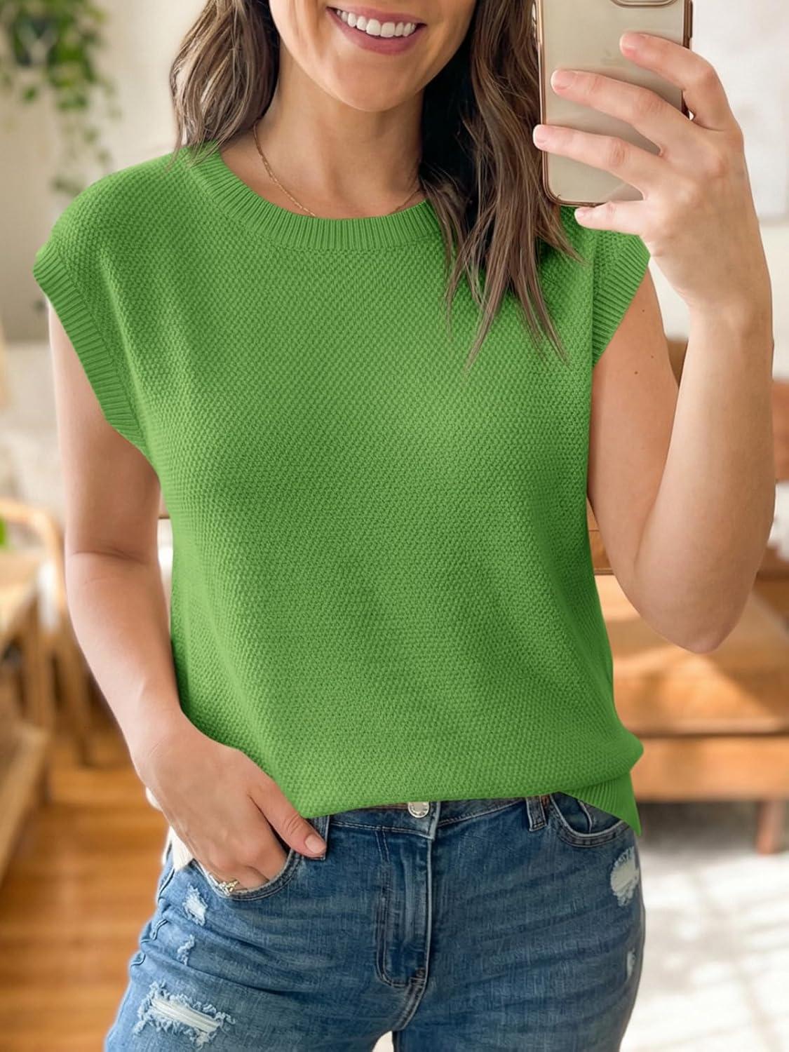 image:imageSaodimallsu Womens Short Sleeve Sweater Tops Summer Crewneck Lightweight Knit Casual Loose Sleeveless Sweater VestGreen