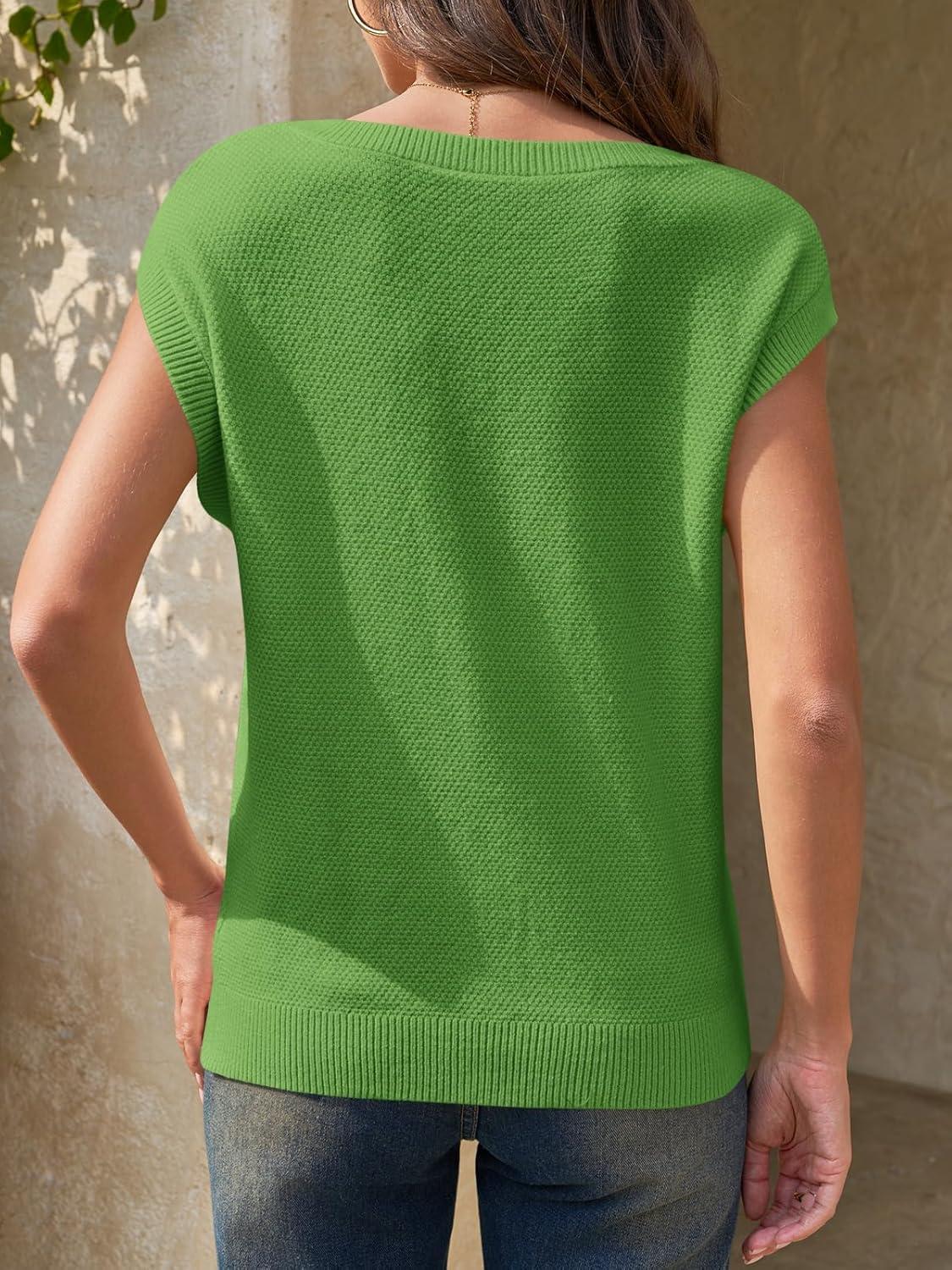 image:imageSaodimallsu Womens Short Sleeve Sweater Tops Summer Crewneck Lightweight Knit Casual Loose Sleeveless Sweater VestGreen