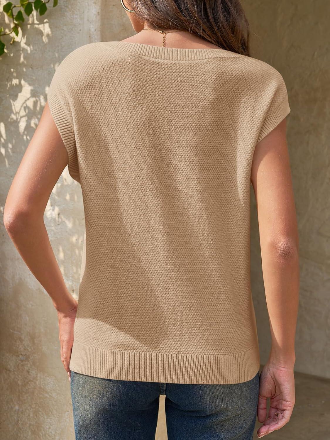 image:imageSaodimallsu Womens Short Sleeve Sweater Tops Summer Crewneck Lightweight Knit Casual Loose Sleeveless Sweater VestKhaki