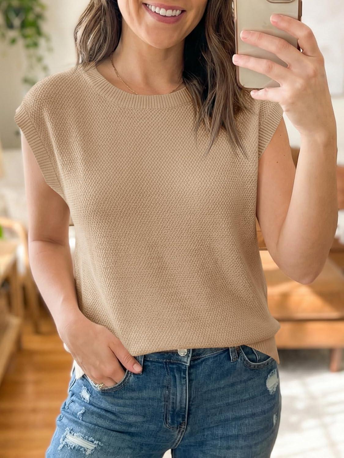 image:imageSaodimallsu Womens Short Sleeve Sweater Tops Summer Crewneck Lightweight Knit Casual Loose Sleeveless Sweater VestKhaki