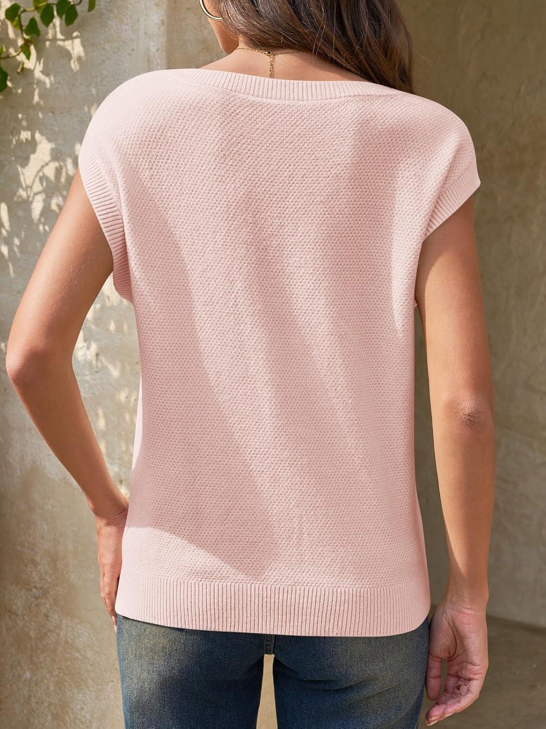 image:imageSaodimallsu Womens Short Sleeve Sweater Tops Summer Crewneck Lightweight Knit Casual Loose Sleeveless Sweater VestPink