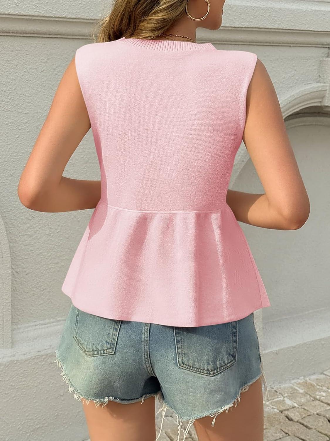image:imageSaodimallsu Womens Sleeveless Babydoll Tank Tops Peplum Ruffle Crew Neck Ribbed Knit Summer Trendy Sweater VestPink