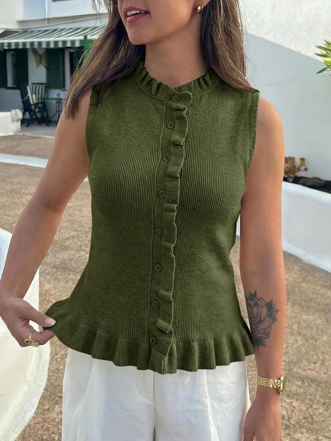 image:imageSaodimallsu Womens Sleeveless Sweater Vest Ruffle Button Down Knit Tank Top Summer Trendy Going Out Vest TopsArmy Green