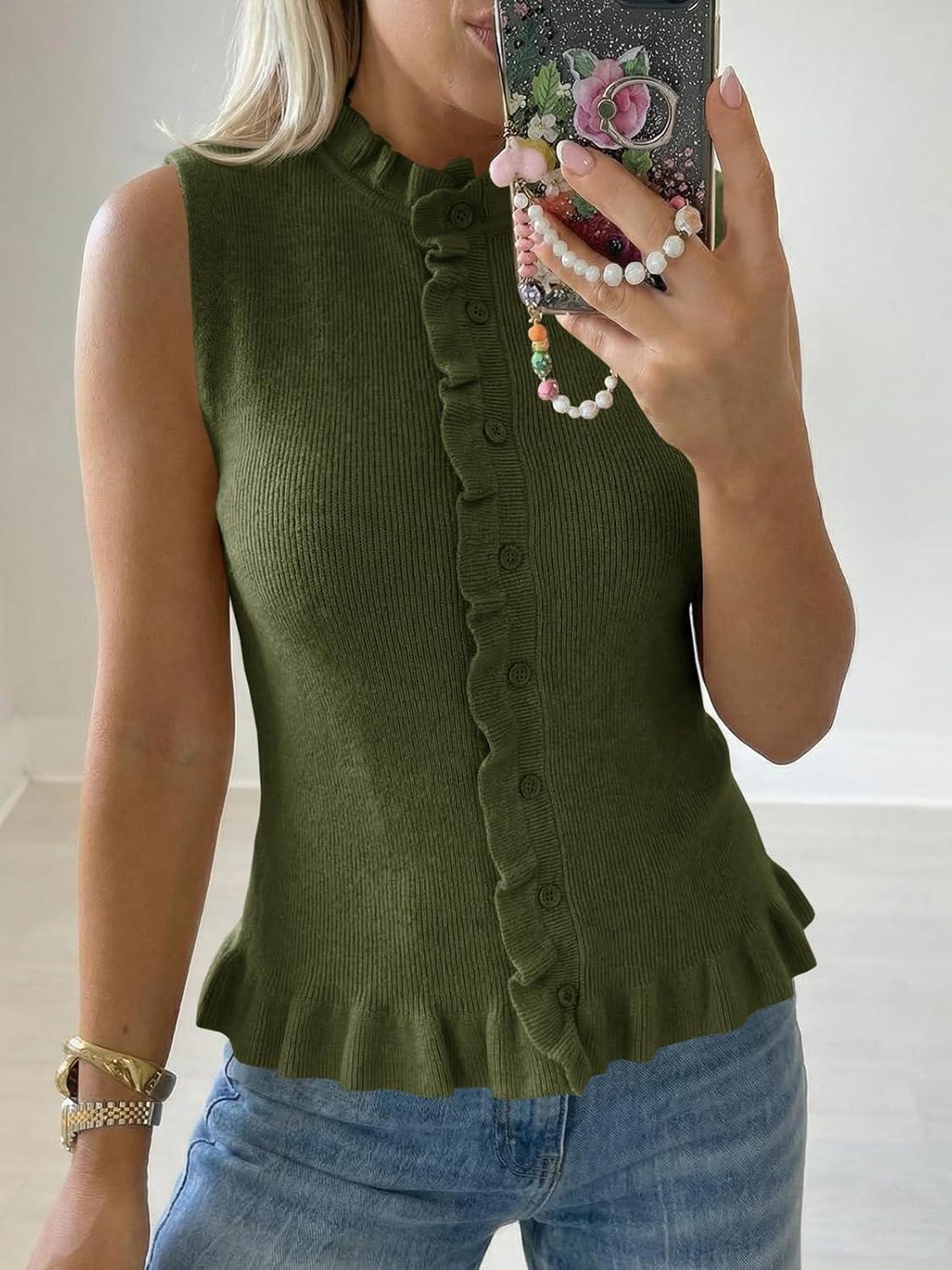 image:imageSaodimallsu Womens Sleeveless Sweater Vest Ruffle Button Down Knit Tank Top Summer Trendy Going Out Vest TopsArmy Green