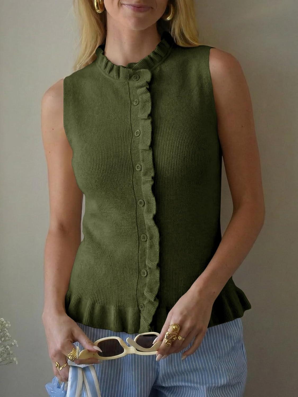 image:imageSaodimallsu Womens Sleeveless Sweater Vest Ruffle Button Down Knit Tank Top Summer Trendy Going Out Vest TopsArmy Green
