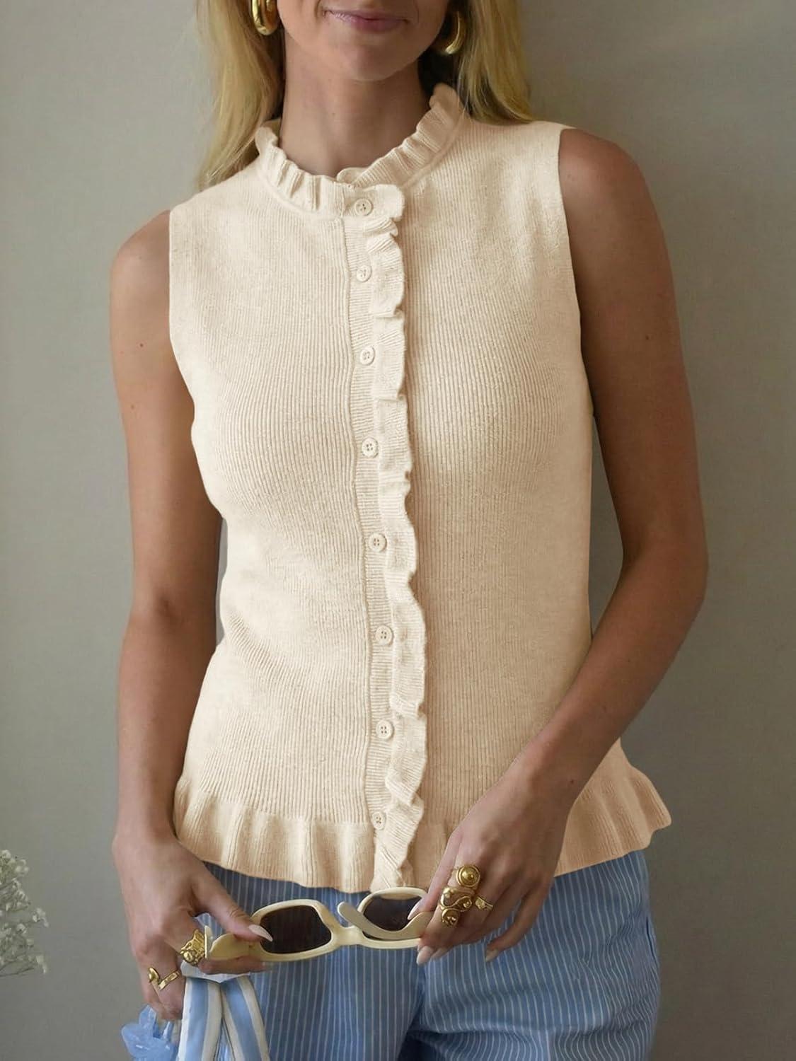 image:imageSaodimallsu Womens Sleeveless Sweater Vest Ruffle Button Down Knit Tank Top Summer Trendy Going Out Vest TopsBeige