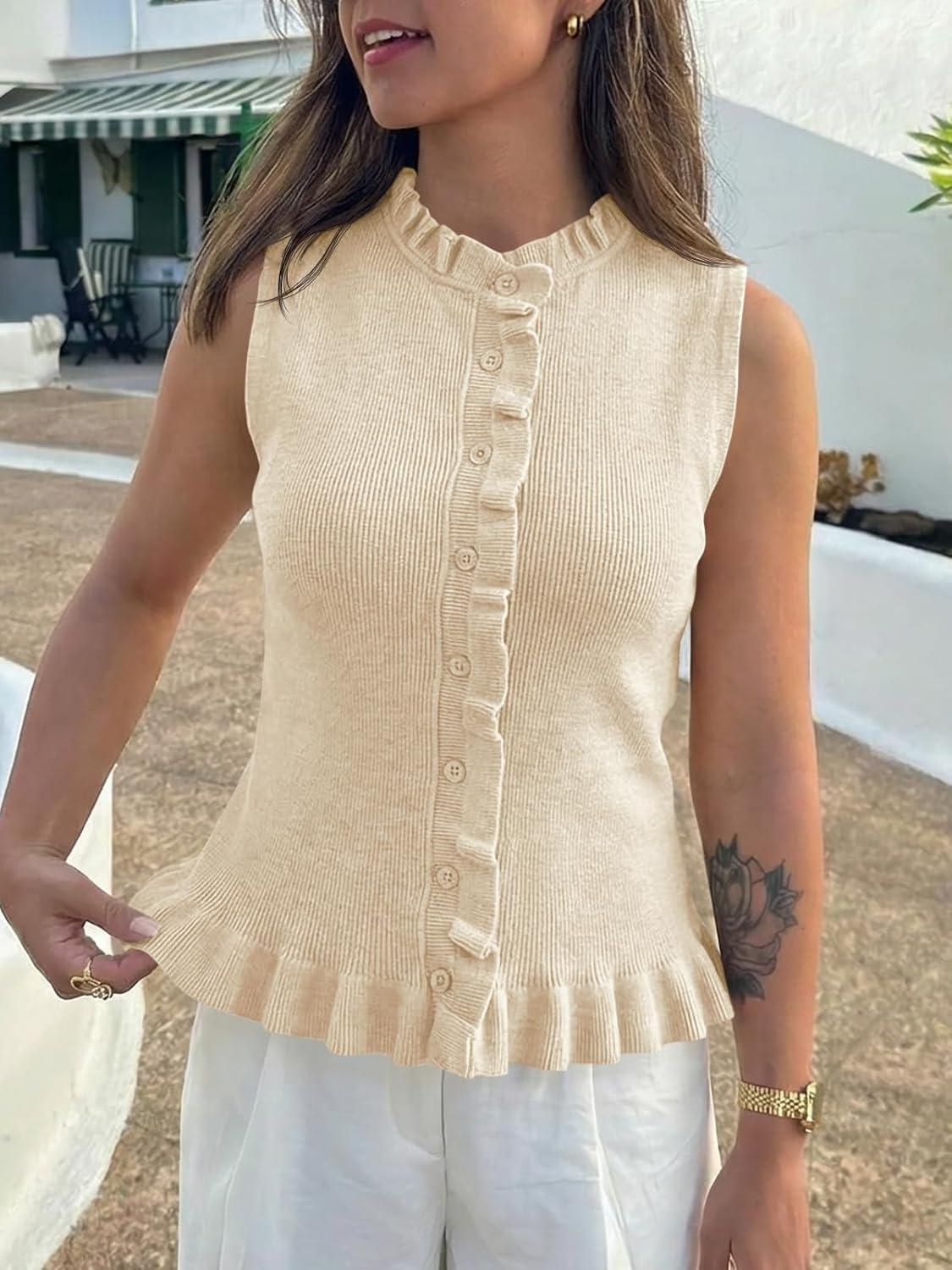 image:imageSaodimallsu Womens Sleeveless Sweater Vest Ruffle Button Down Knit Tank Top Summer Trendy Going Out Vest TopsBeige