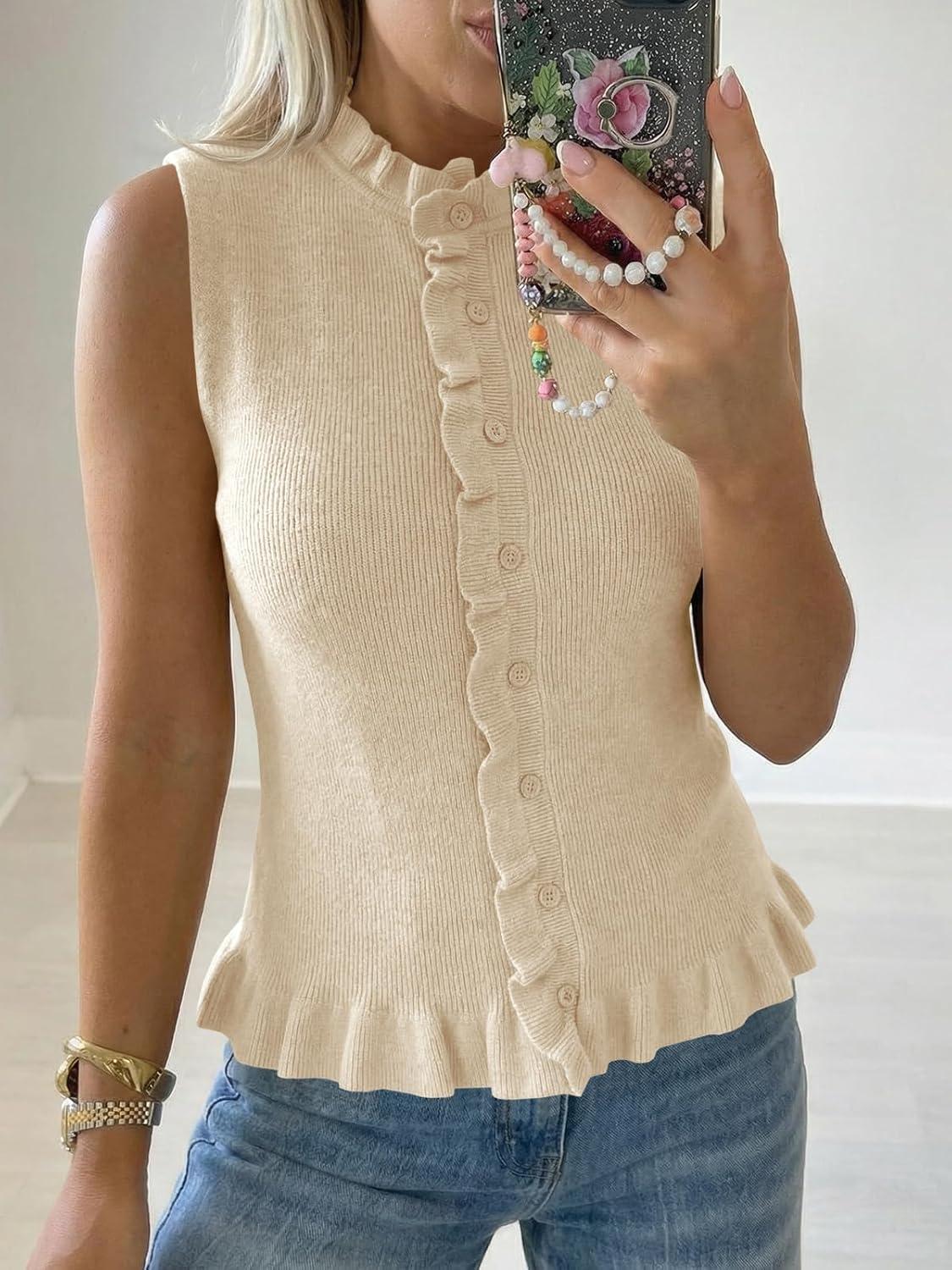 image:imageSaodimallsu Womens Sleeveless Sweater Vest Ruffle Button Down Knit Tank Top Summer Trendy Going Out Vest TopsBeige