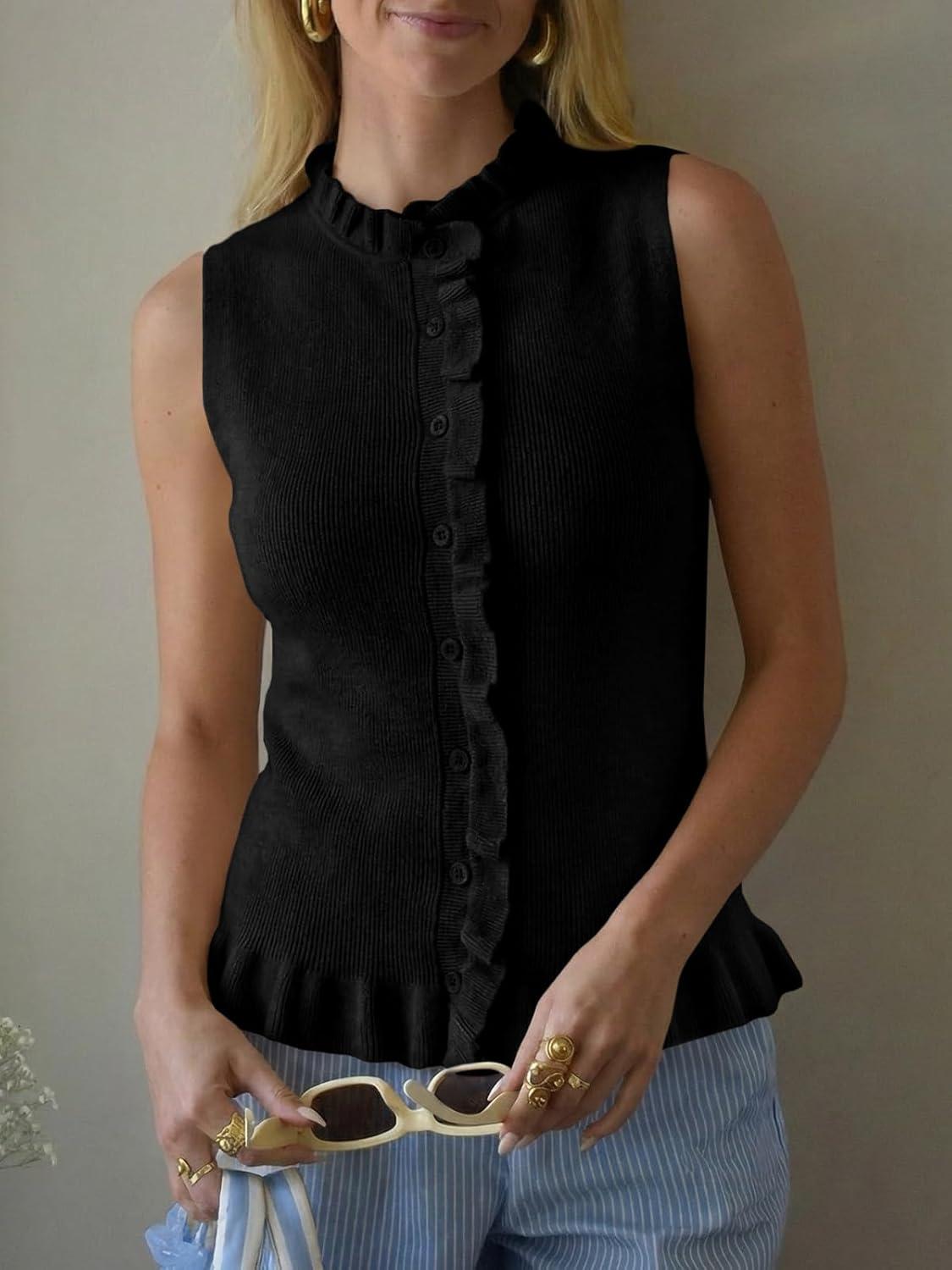 image:imageSaodimallsu Womens Sleeveless Sweater Vest Ruffle Button Down Knit Tank Top Summer Trendy Going Out Vest TopsBlack