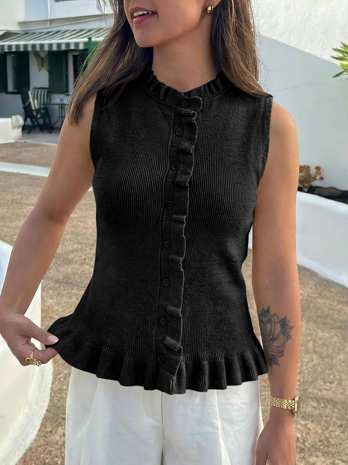 image:imageSaodimallsu Womens Sleeveless Sweater Vest Ruffle Button Down Knit Tank Top Summer Trendy Going Out Vest TopsBlack