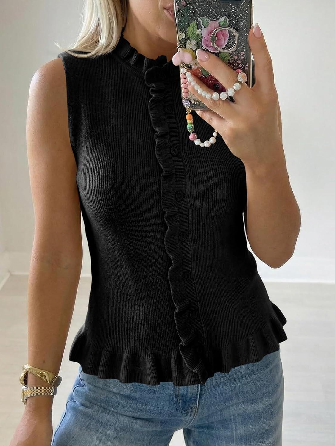 image:imageSaodimallsu Womens Sleeveless Sweater Vest Ruffle Button Down Knit Tank Top Summer Trendy Going Out Vest TopsBlack
