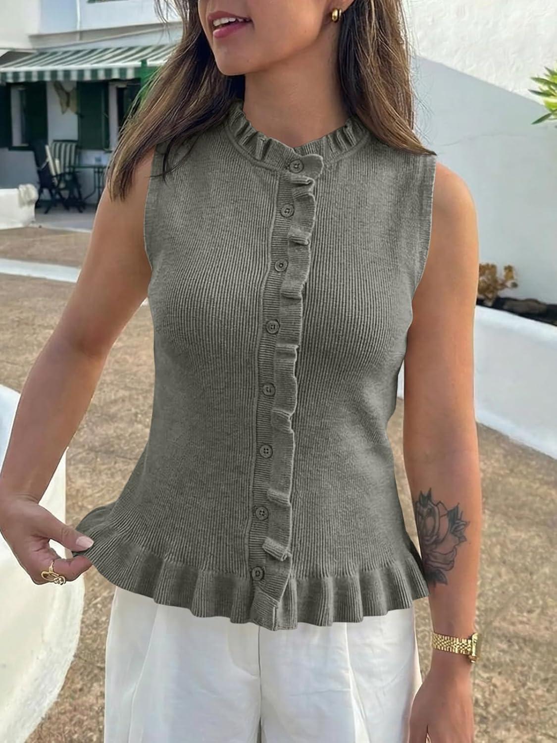 image:imageSaodimallsu Womens Sleeveless Sweater Vest Ruffle Button Down Knit Tank Top Summer Trendy Going Out Vest TopsGray