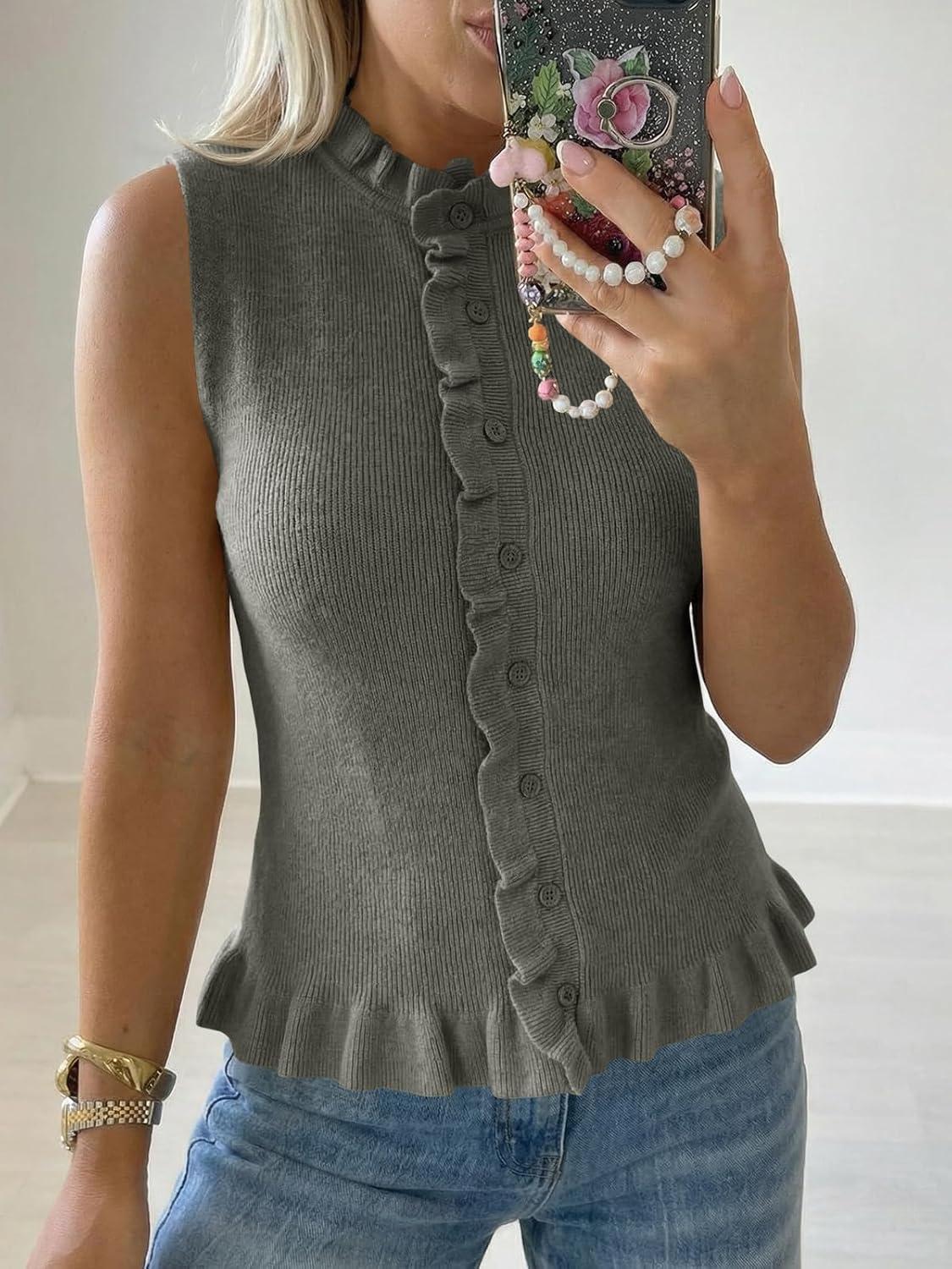 image:imageSaodimallsu Womens Sleeveless Sweater Vest Ruffle Button Down Knit Tank Top Summer Trendy Going Out Vest TopsGray