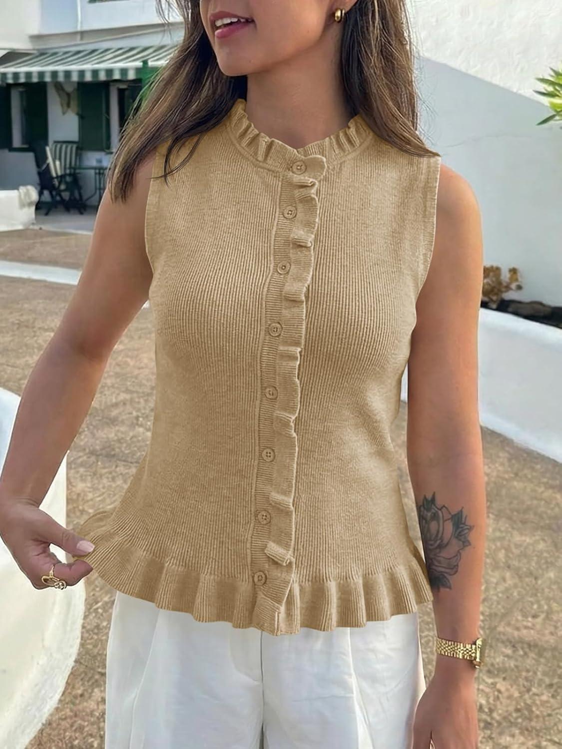 image:imageSaodimallsu Womens Sleeveless Sweater Vest Ruffle Button Down Knit Tank Top Summer Trendy Going Out Vest TopsKhaki