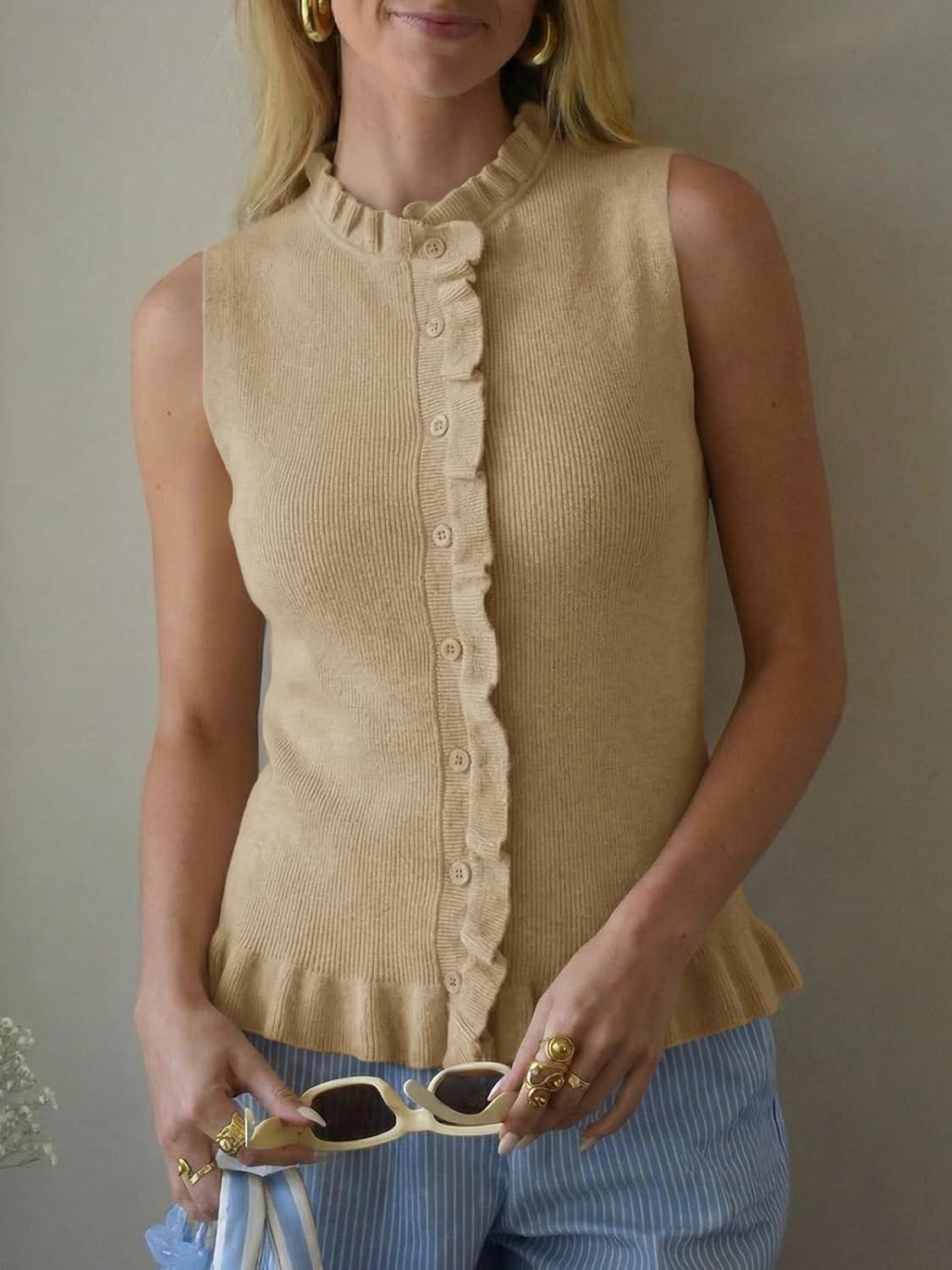 image:imageSaodimallsu Womens Sleeveless Sweater Vest Ruffle Button Down Knit Tank Top Summer Trendy Going Out Vest TopsKhaki