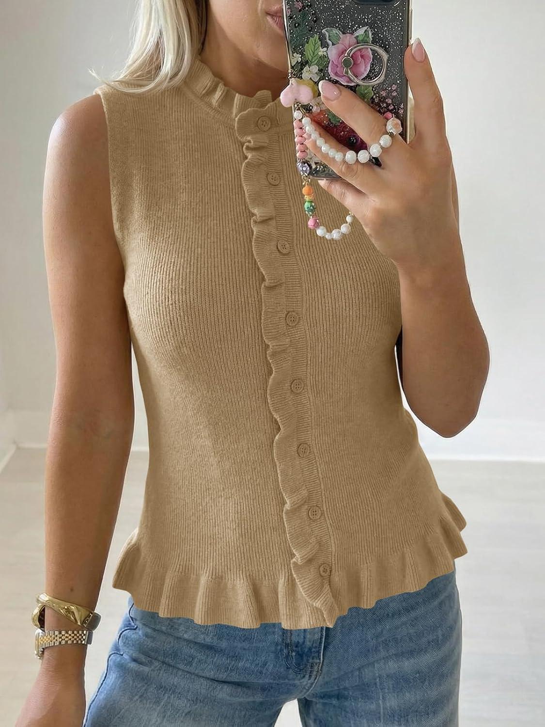 image:imageSaodimallsu Womens Sleeveless Sweater Vest Ruffle Button Down Knit Tank Top Summer Trendy Going Out Vest TopsKhaki