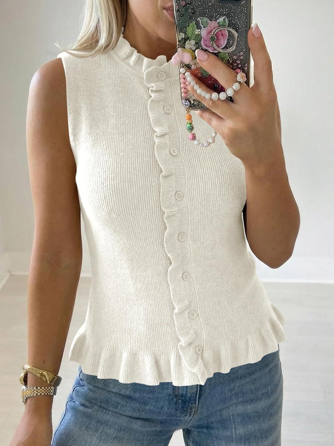 image:imageSaodimallsu Womens Sleeveless Sweater Vest Ruffle Button Down Knit Tank Top Summer Trendy Going Out Vest TopsWhite
